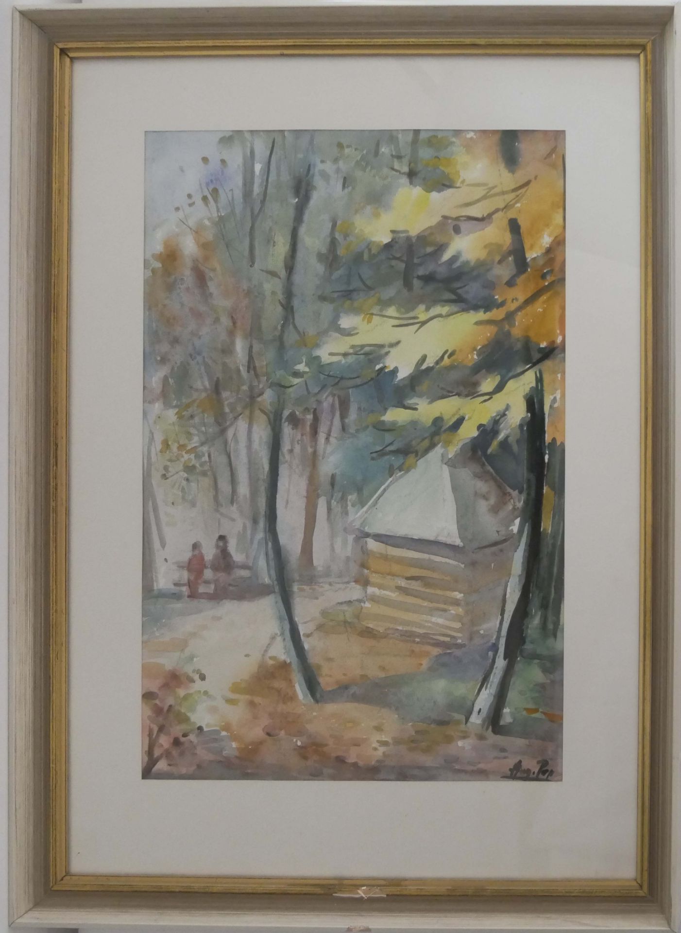 Aquarell auf Papier "Waldlichtung", rechts unten undeutliche Signatur. Hinter Glas gerahmt. Rahmen