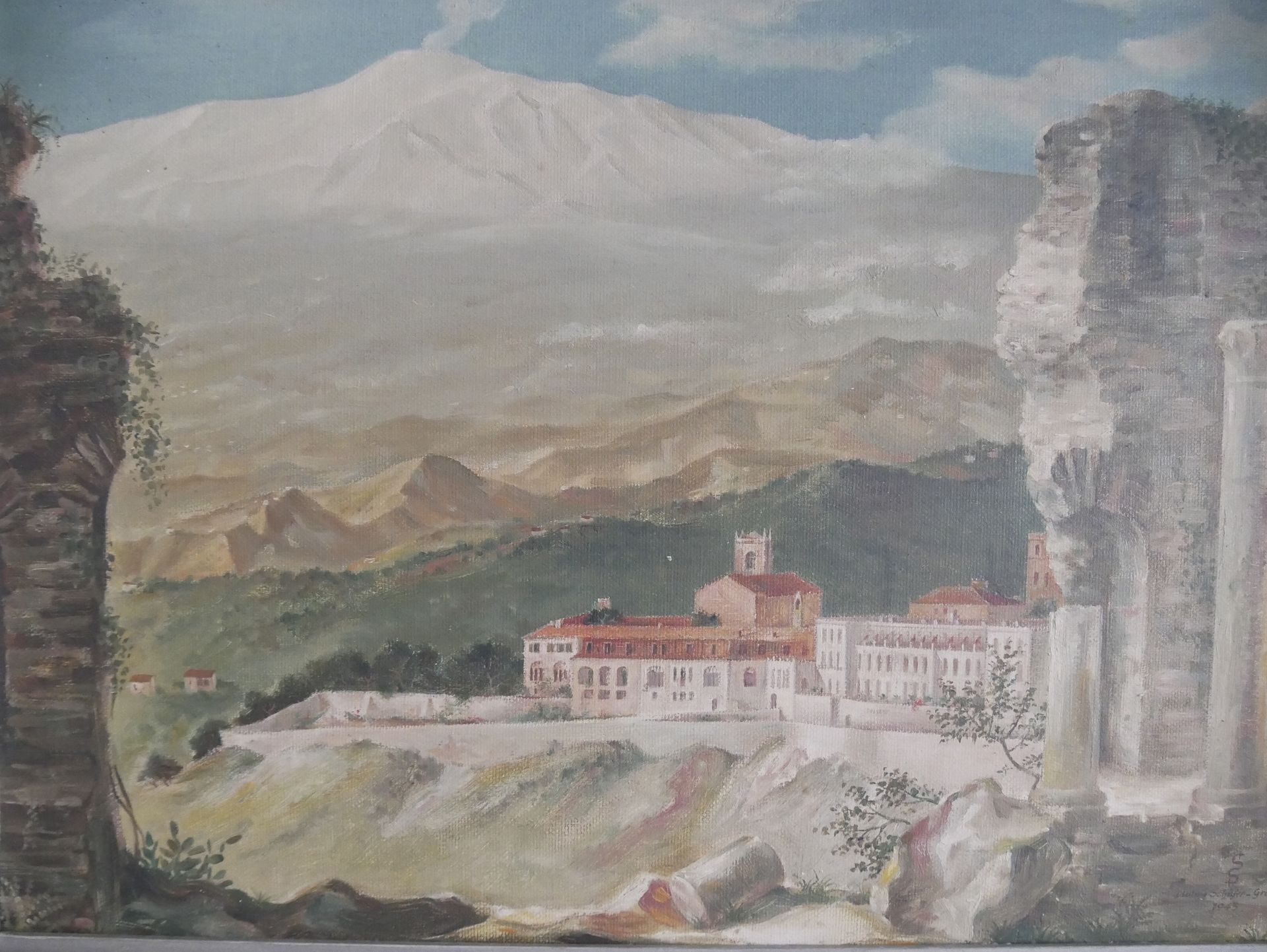 Ludwig SCHÄFER-GROHE (1909-1984), Ölgemälde auf Hartfaserplatte, Taormina in griechischem Theater. - Bild 2 aus 4