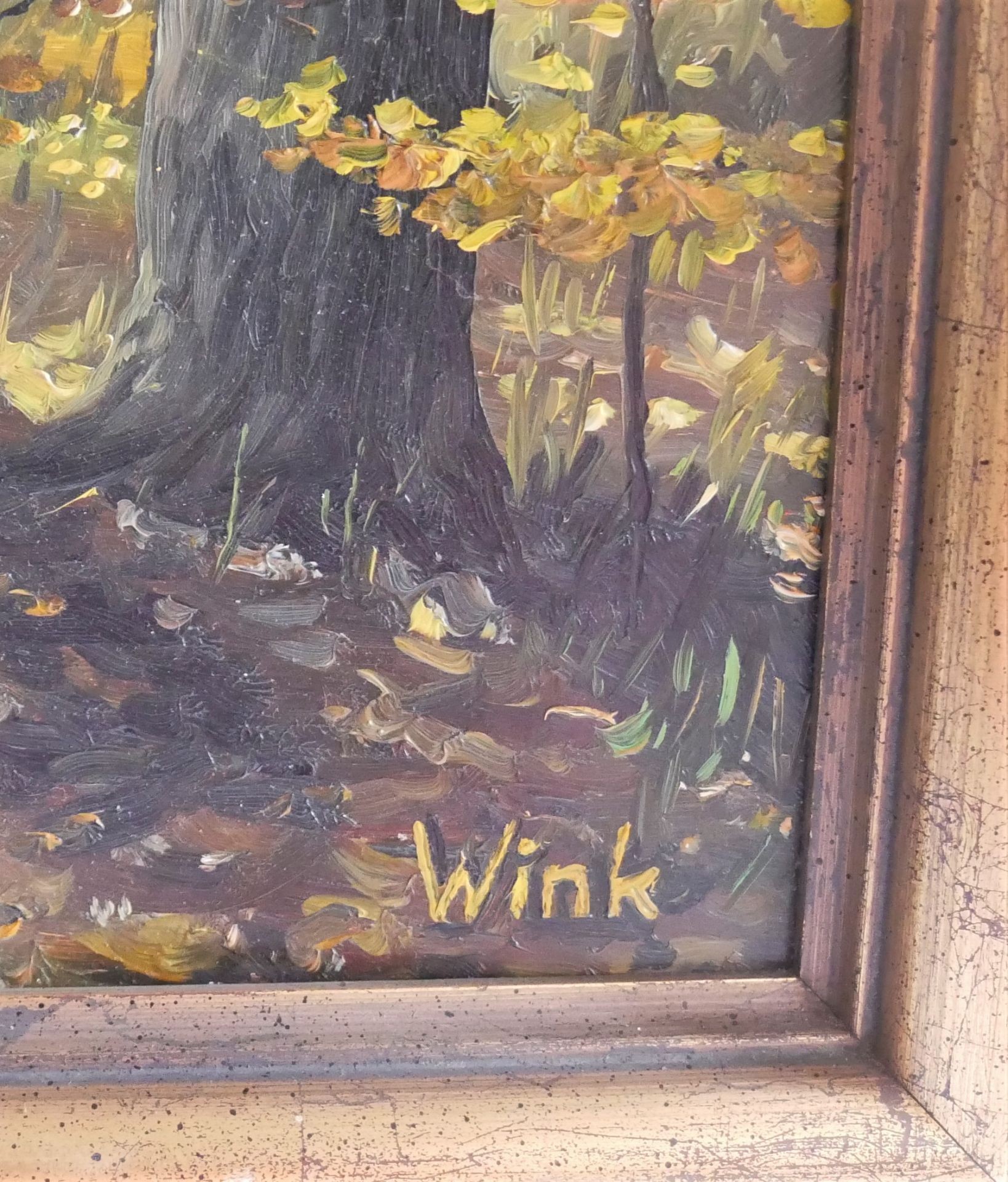 Wink, Ölgemälde "Waldlandschaft", rechts unten Signatur "Wink". Gerahmt. Maße: Höhe ca. 64 cm, Länge - Bild 2 aus 3