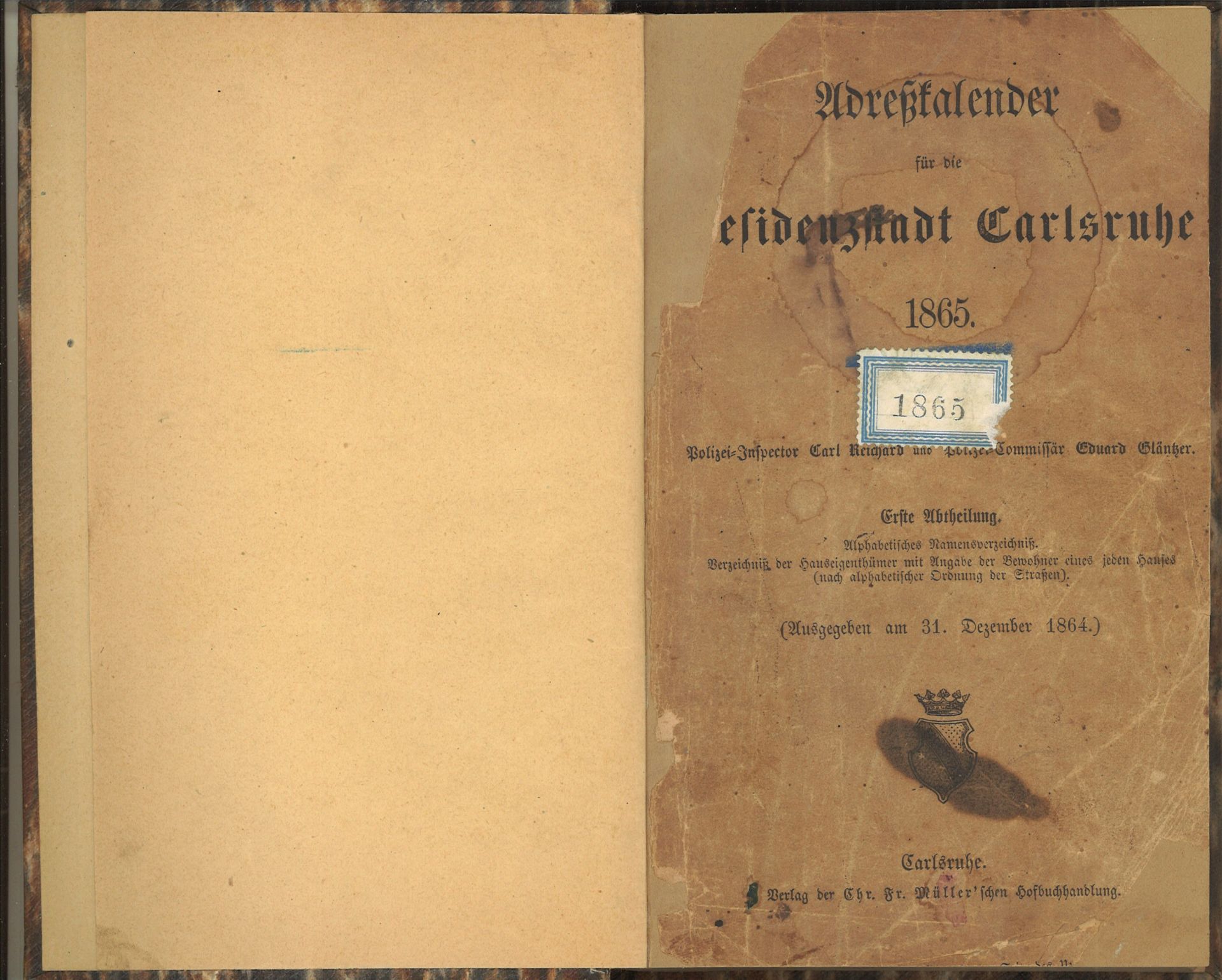 Adresskalender der Residenzstadt Carlsruhe 1865, Polizei-Inspektor Carl Reichard und Plizei-