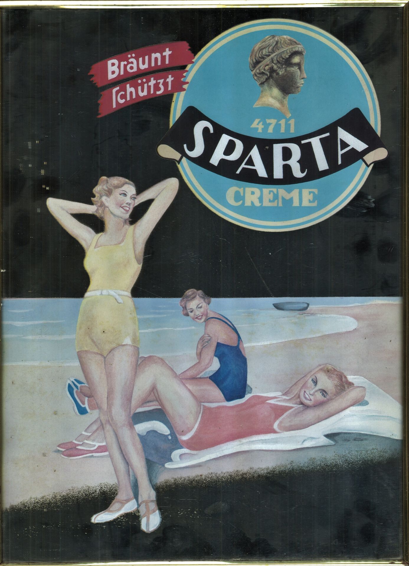 Werbespiegel 4711 Sparta Creme um 1960. "Bräunt, schützt" Cremedose. Drei hübsche Frauen am blauen