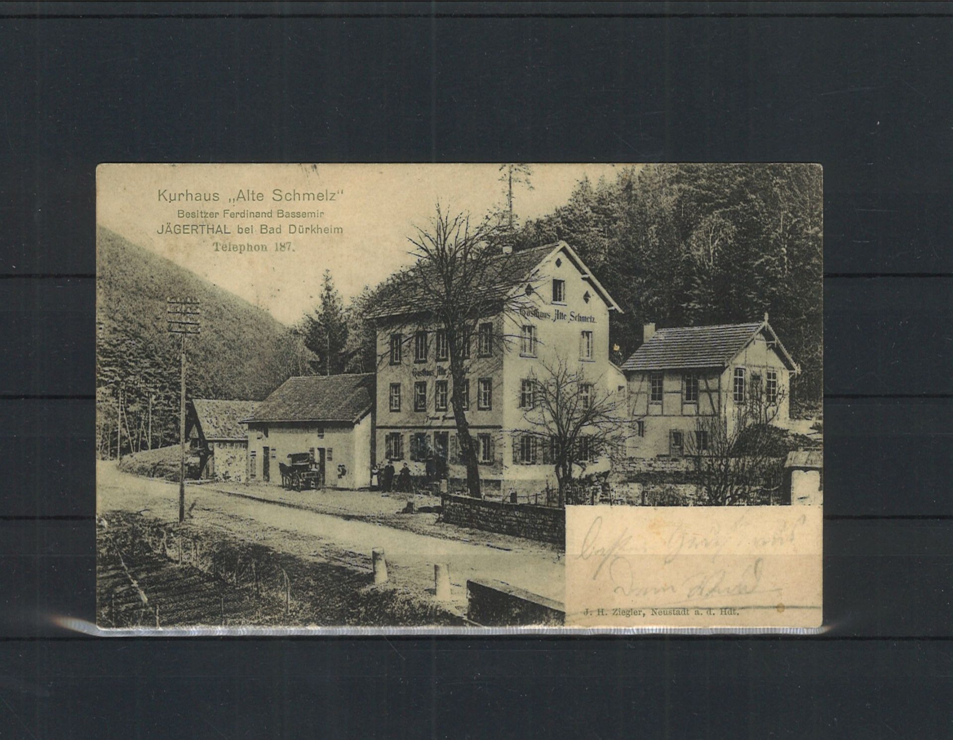 Postkarte Kurhaus "Alte Schmelz" Besitzer Ferdinand Bassemir Jägerthal bei Bad Dürkheim, gelaufen