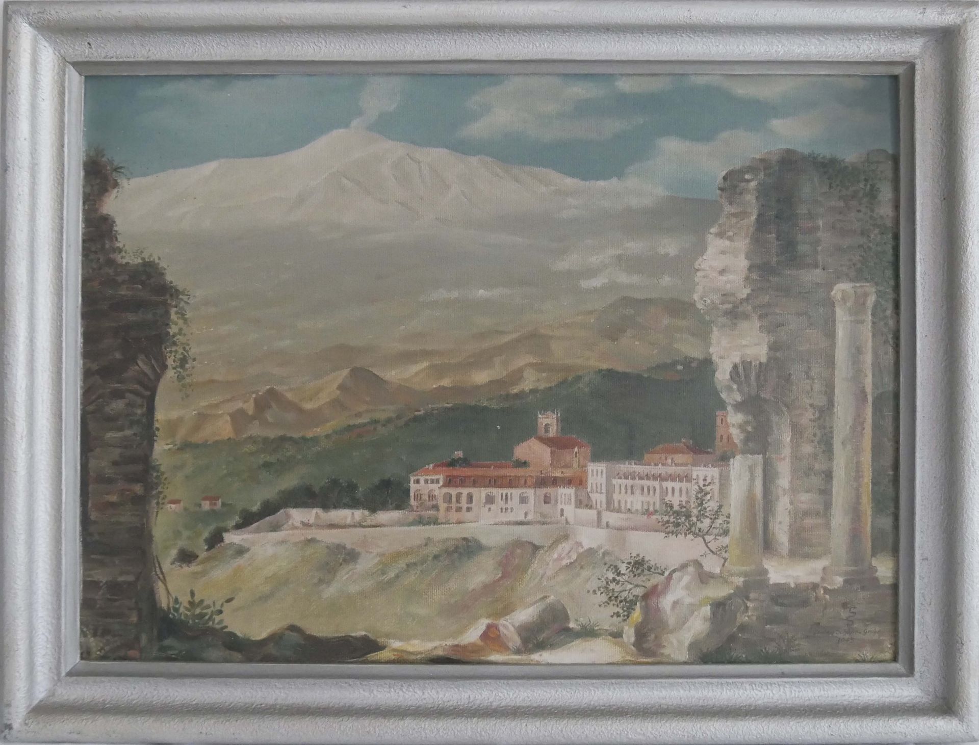 Ludwig SCHÄFER-GROHE (1909-1984), Ölgemälde auf Hartfaserplatte, Taormina in griechischem Theater.