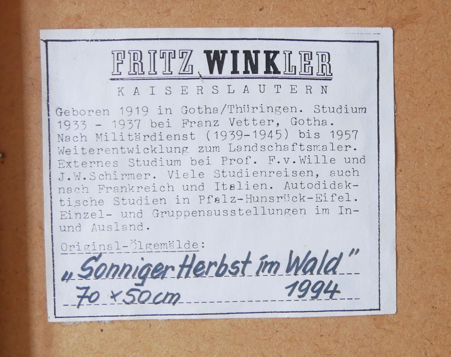 Wink, Ölgemälde "Waldlandschaft", rechts unten Signatur "Wink". Gerahmt. Maße: Höhe ca. 64 cm, Länge - Bild 3 aus 3