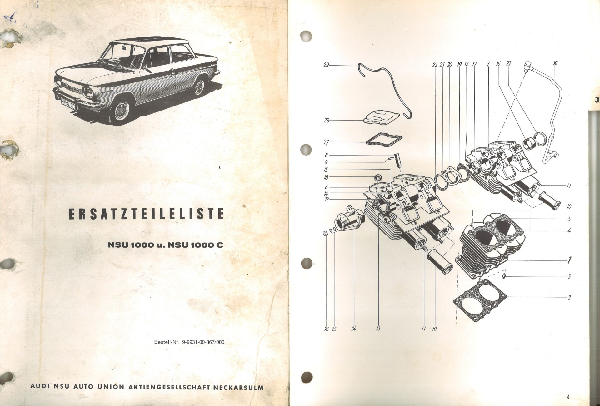 Aus Oldtimer Sammlung! Ersatzteil - Liste "NSU 1000" Audi NSU Auto Union Aktiengesellschaft. "NSU - Bild 2 aus 3