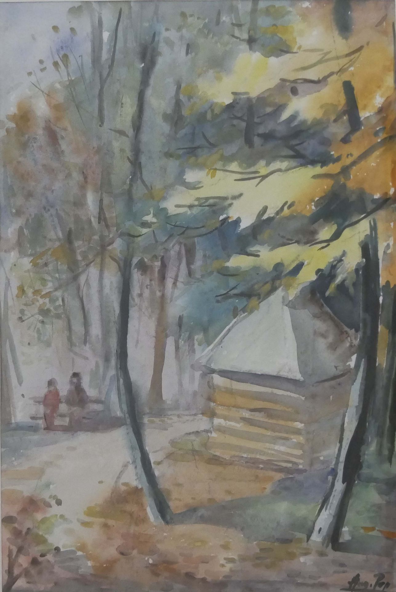 Aquarell auf Papier "Waldlichtung", rechts unten undeutliche Signatur. Hinter Glas gerahmt. Rahmen - Bild 2 aus 4