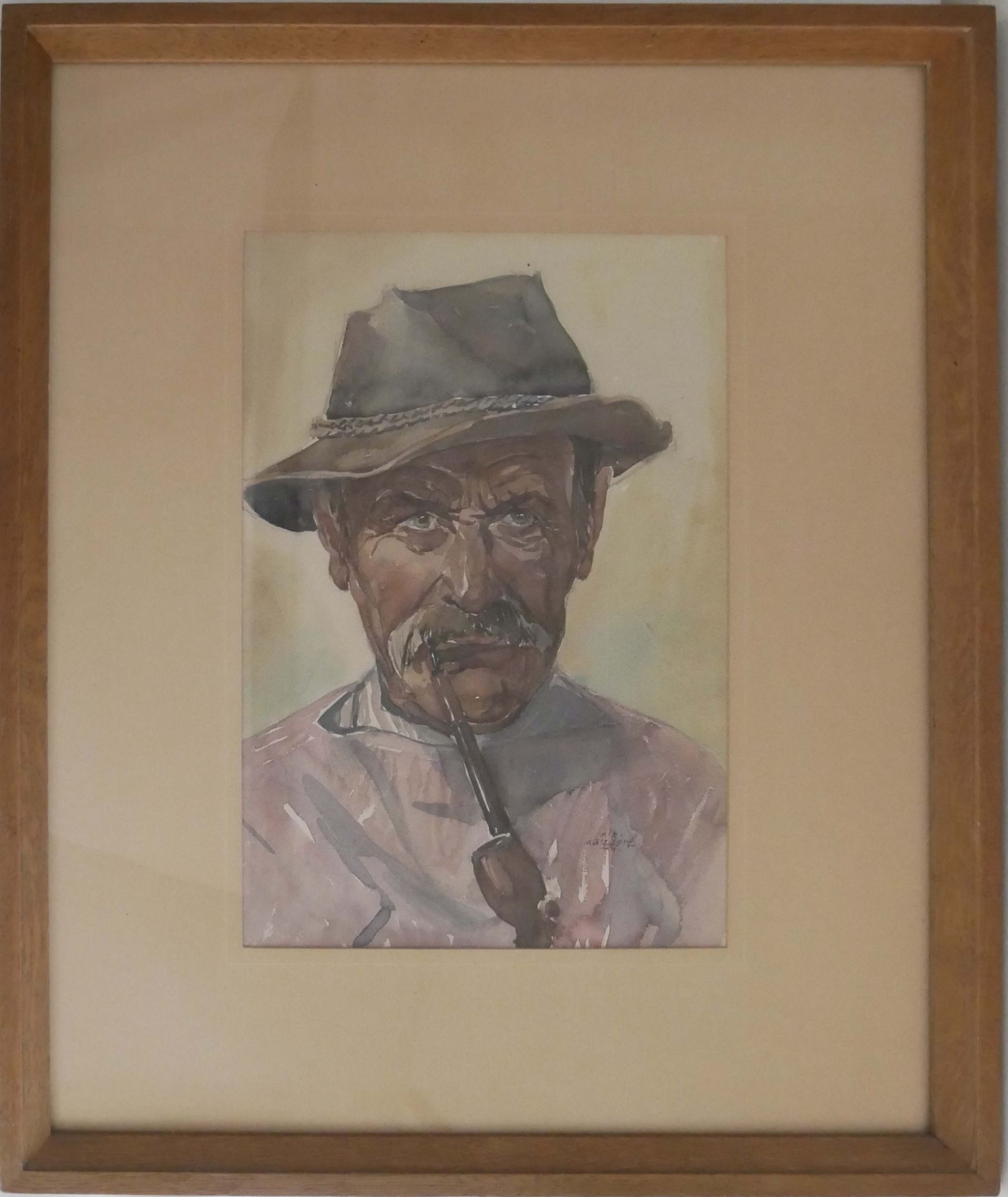 Albert MATZDORF (1912-1992), Aquarell auf Papier "Mann mit Pfeiffe" Rechts unten Signatur. Hinter