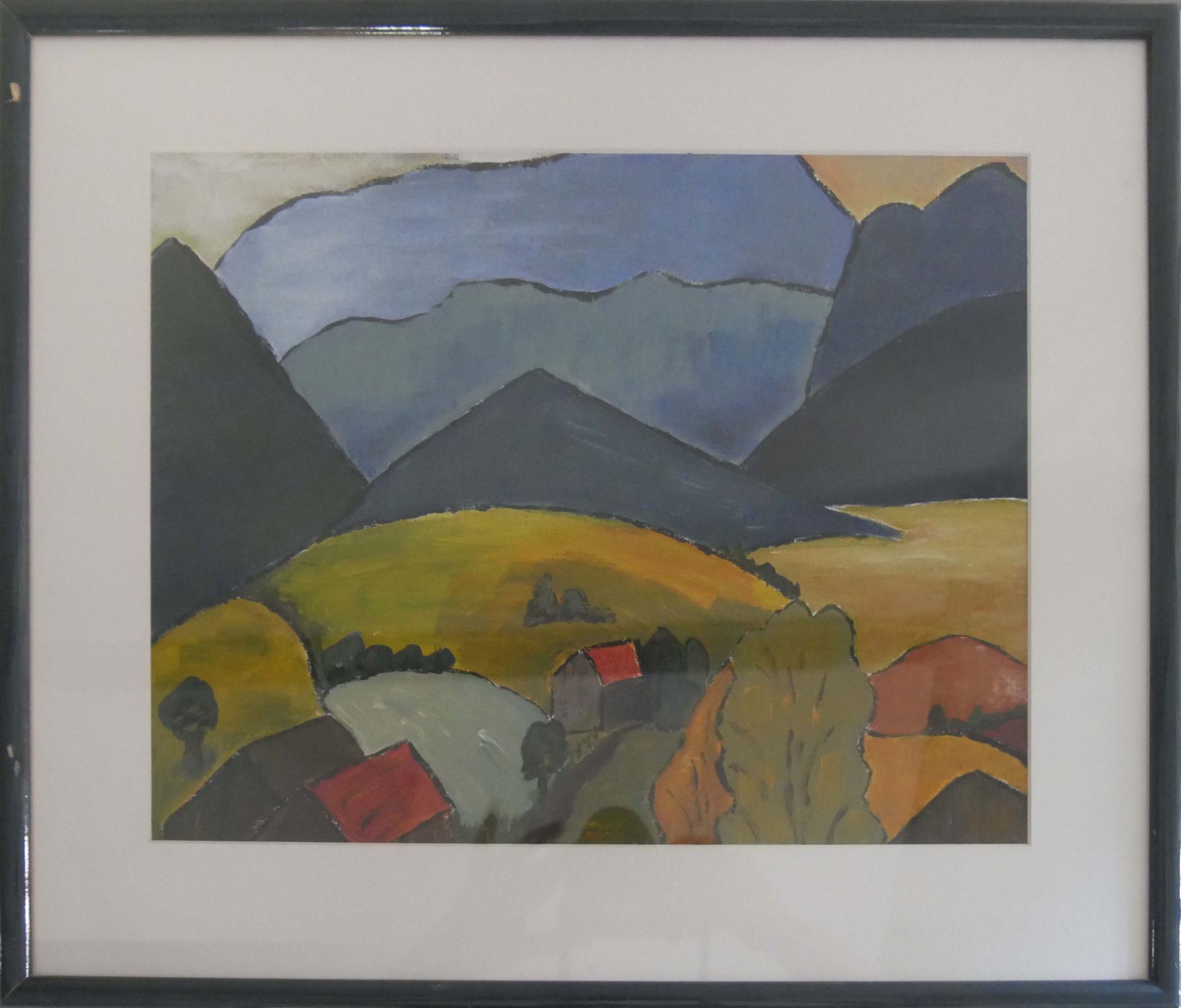 Tom Berding, Ölgemälde auf Leinwand, naive Berglandschaft. Hinter Glas gerahmt. Maße: Höhe ca. 40