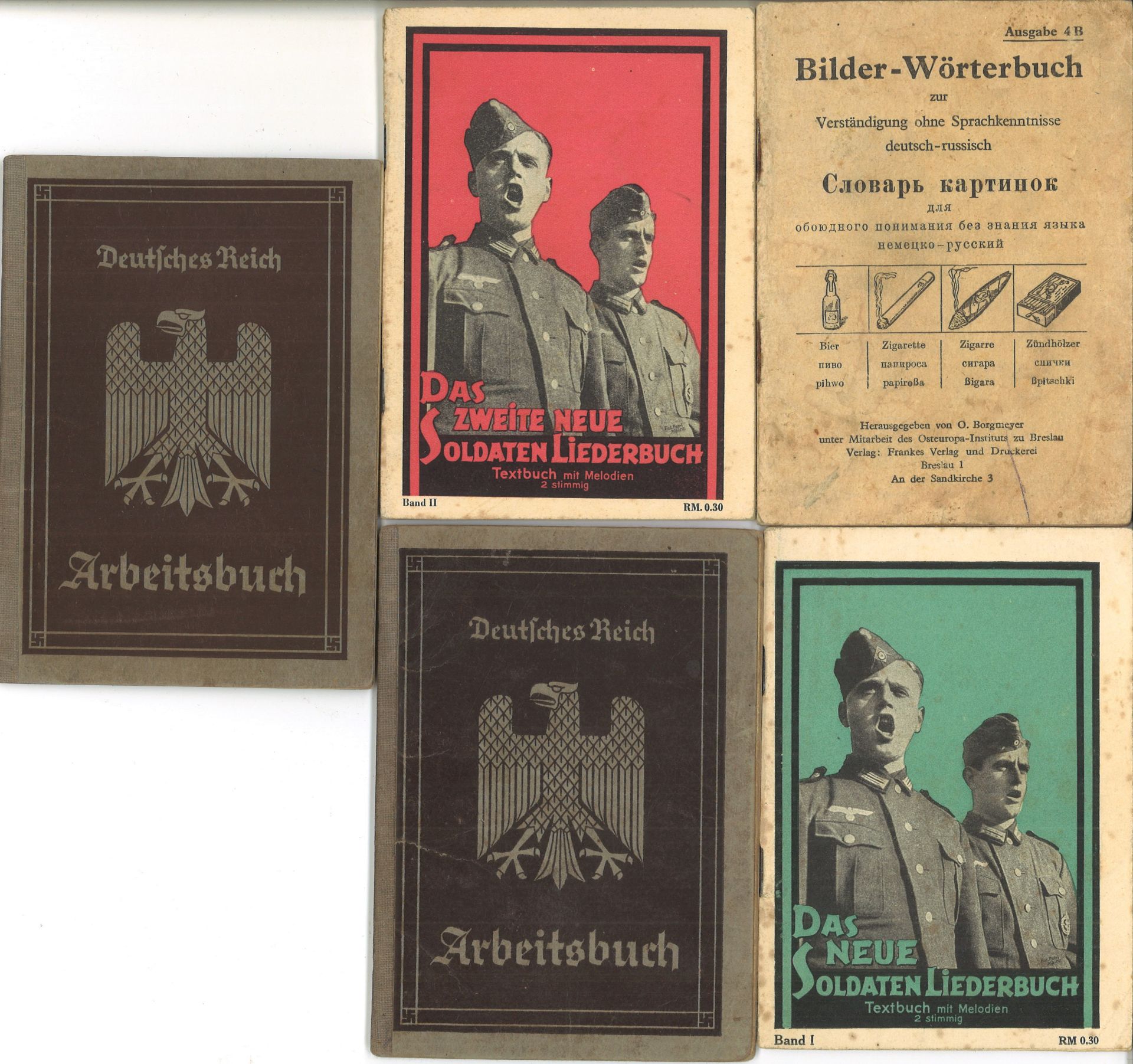 Konvolut 3. Reich dabei 2 Arbeitsbücher, Liedheft 1+2 sowie 1 Wörterbuch Deutsch Russisch. Bitte