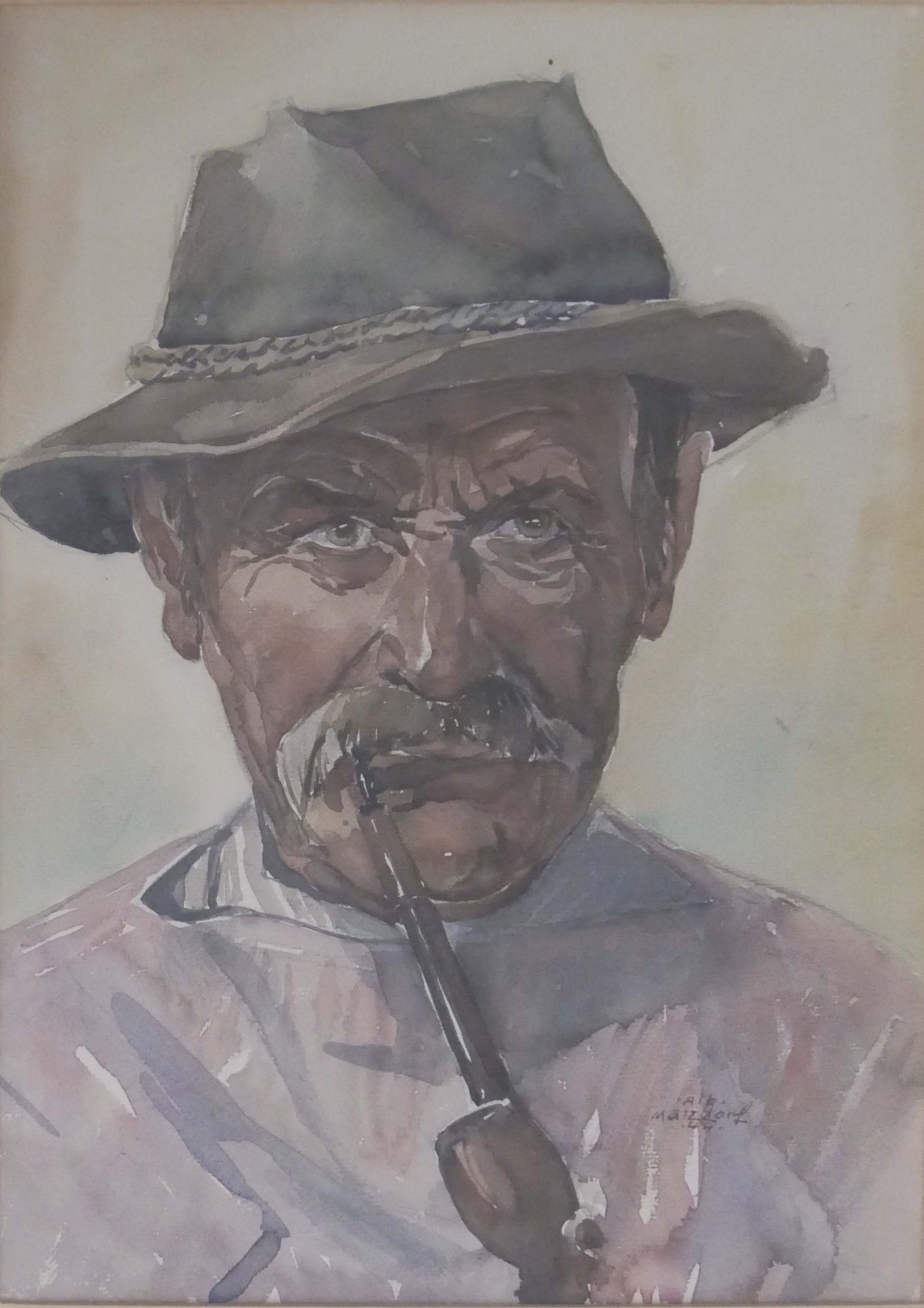 Albert MATZDORF (1912-1992), Aquarell auf Papier "Mann mit Pfeiffe" Rechts unten Signatur. Hinter - Image 2 of 5