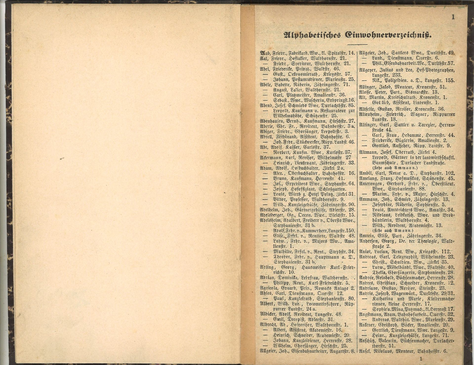 Adressbuch der Stadt Karlsruhe von 1872, mit alphabetischem Einwohnerverzeichnis. - Bild 2 aus 3