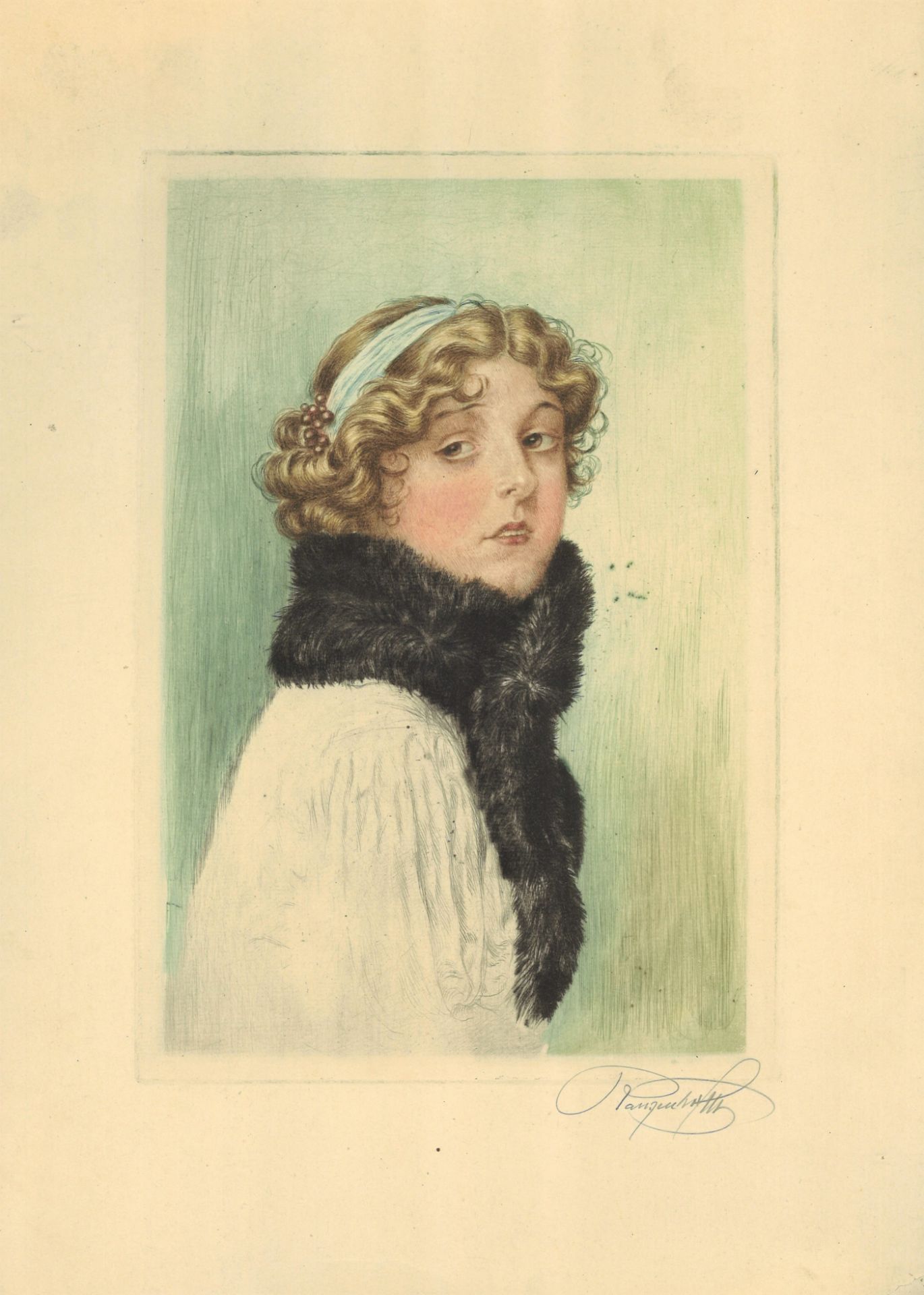 Emil Ranzenhofer (1864-1930) kolorierte Radierung "Dame mit Pelz" rechts unten Signatur.