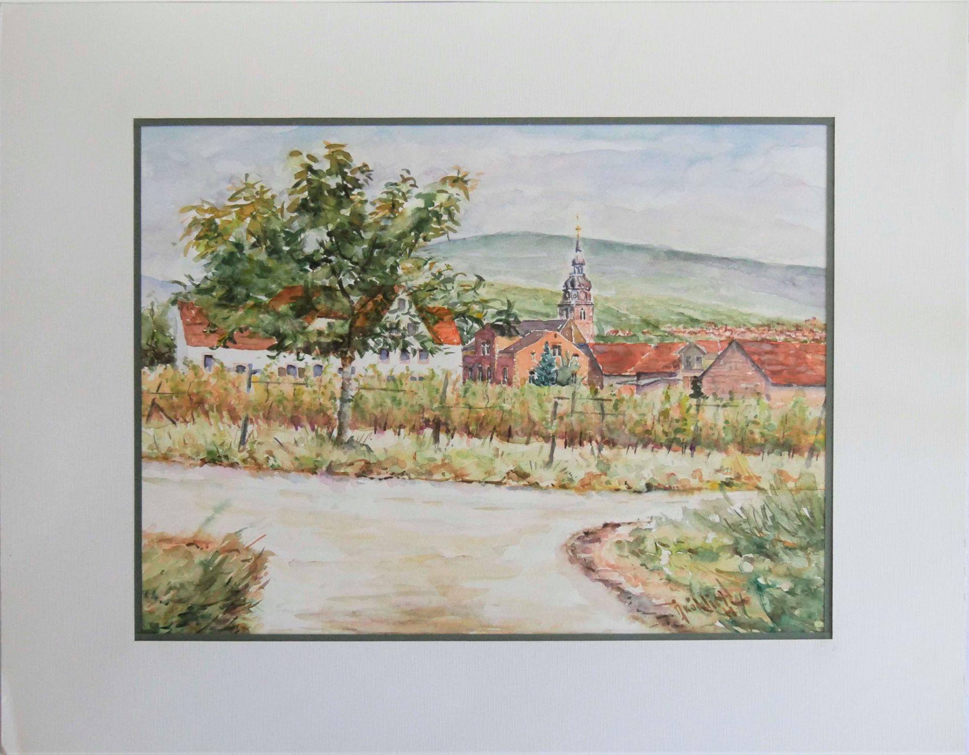 Pfälzer Maler Fröhlich. Aquarell "Hainfeld" im passepartout Rahmen. Rechts unten Signatur,