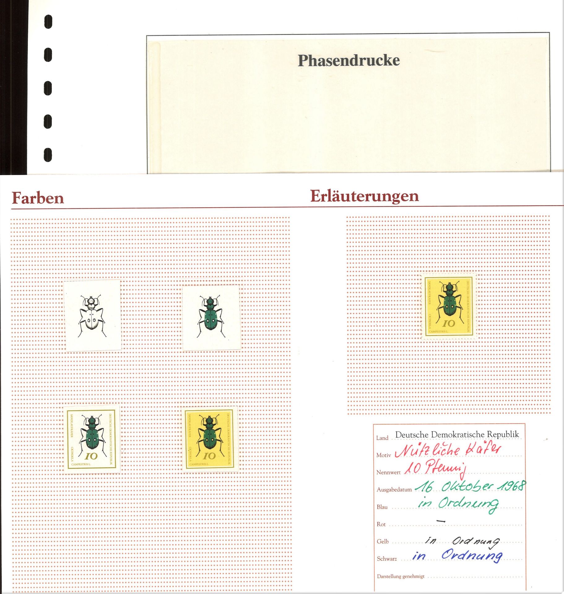 Phasendruck DDR "Nützliche Käfer" Ausgabedatum 16. Oktober 1968 im Sieger Vorlage Karton, geprüft