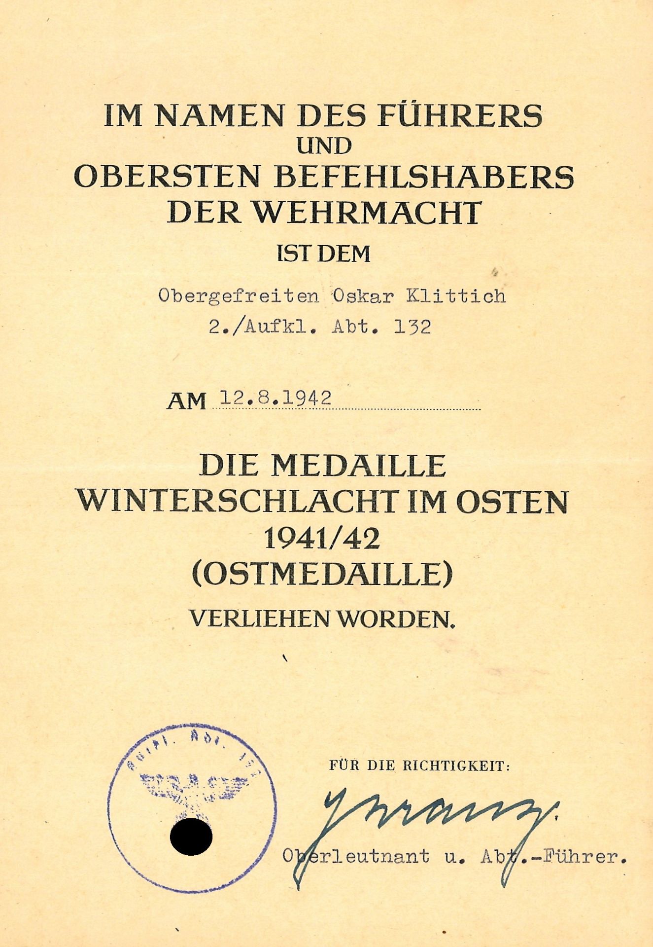 Urkunde Winterschlacht im Osten 1941/42 (Ostmedaille) für Obergefreiten Oskar Klittich, 2./Aufkl.