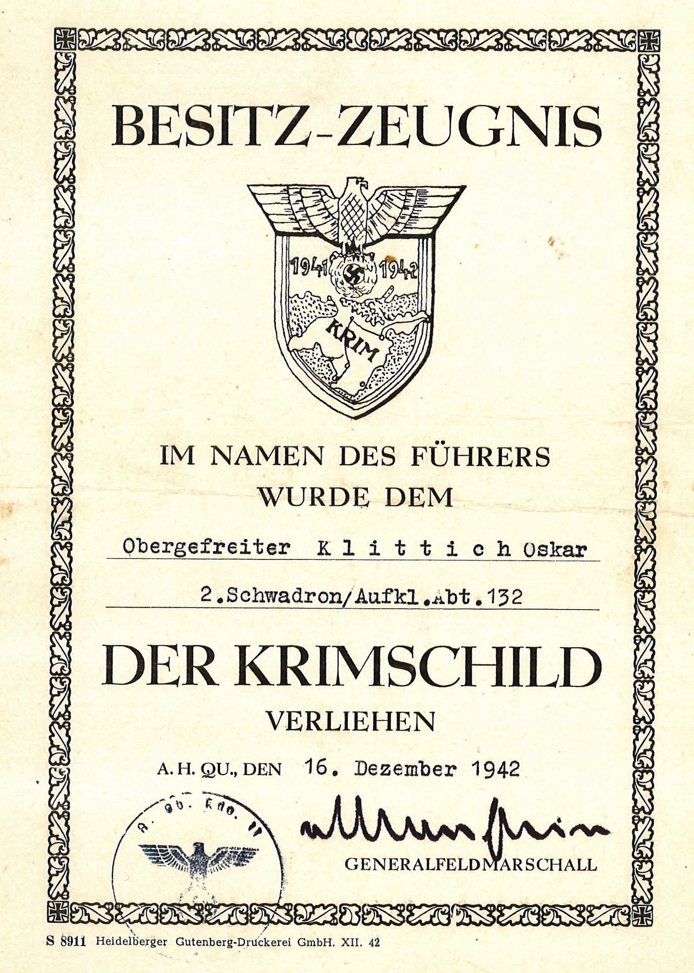 Besitz-Zeugnis für Krimschild, Obergefreiter Klittich Oskar, 2. Schwadron/Aufkl. Abt. 132, 16.
