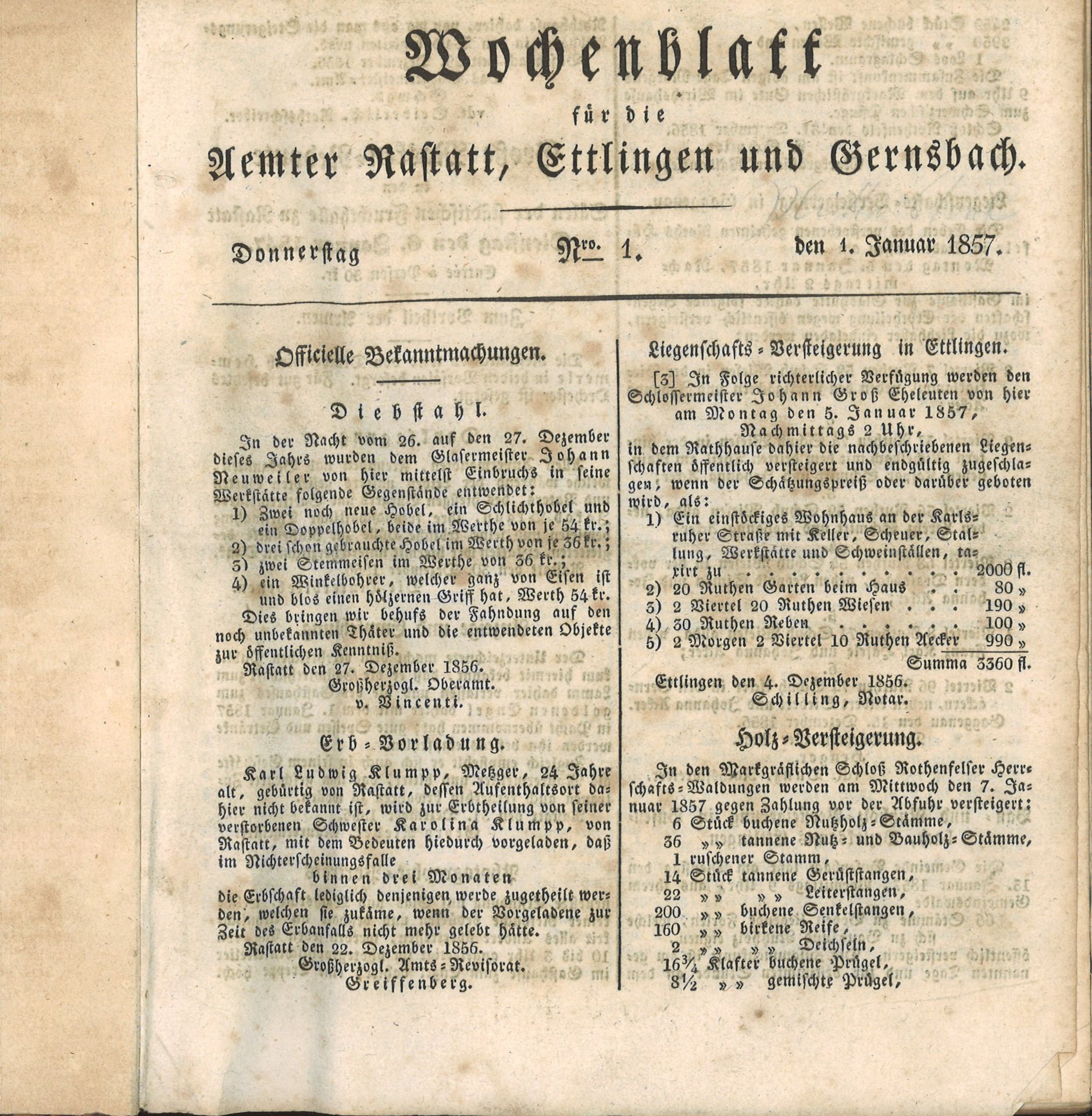 Wochenblatt für die Ämter Rastatt, Ettlingen und Gernsbach, Jahrgang 1857, Hefte Nr. 1-157. Alle 157