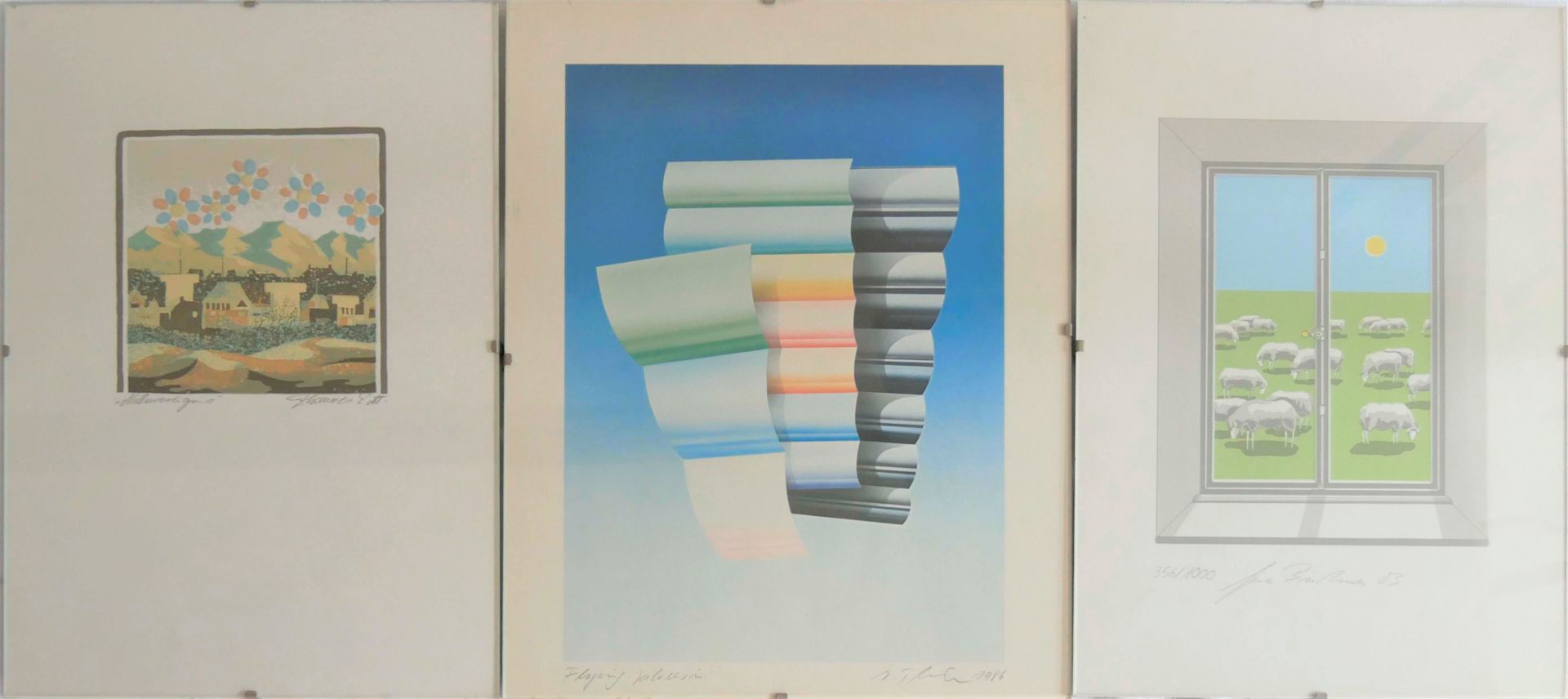 3 Grafiken im Glasrahmen, dabei: 1. "Flying Jalousie" 1986, von Jürgen Thiele, Signatur unten