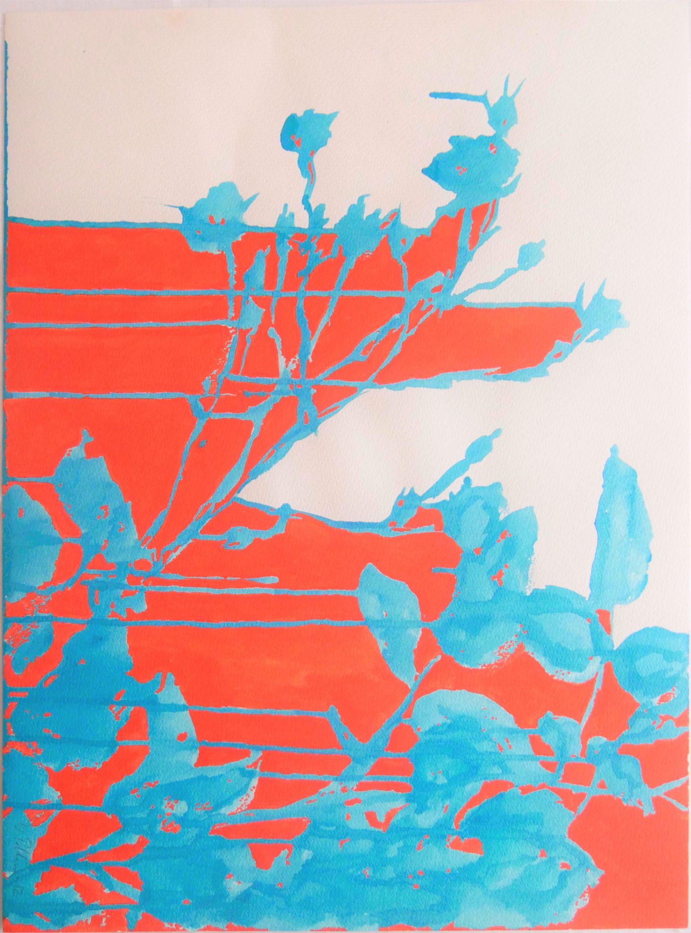 Wolfgang Pollmer. Moderne Kunst "Blumenfeld in blau und rot", rechts unten Signatur W.Pollmer 82.