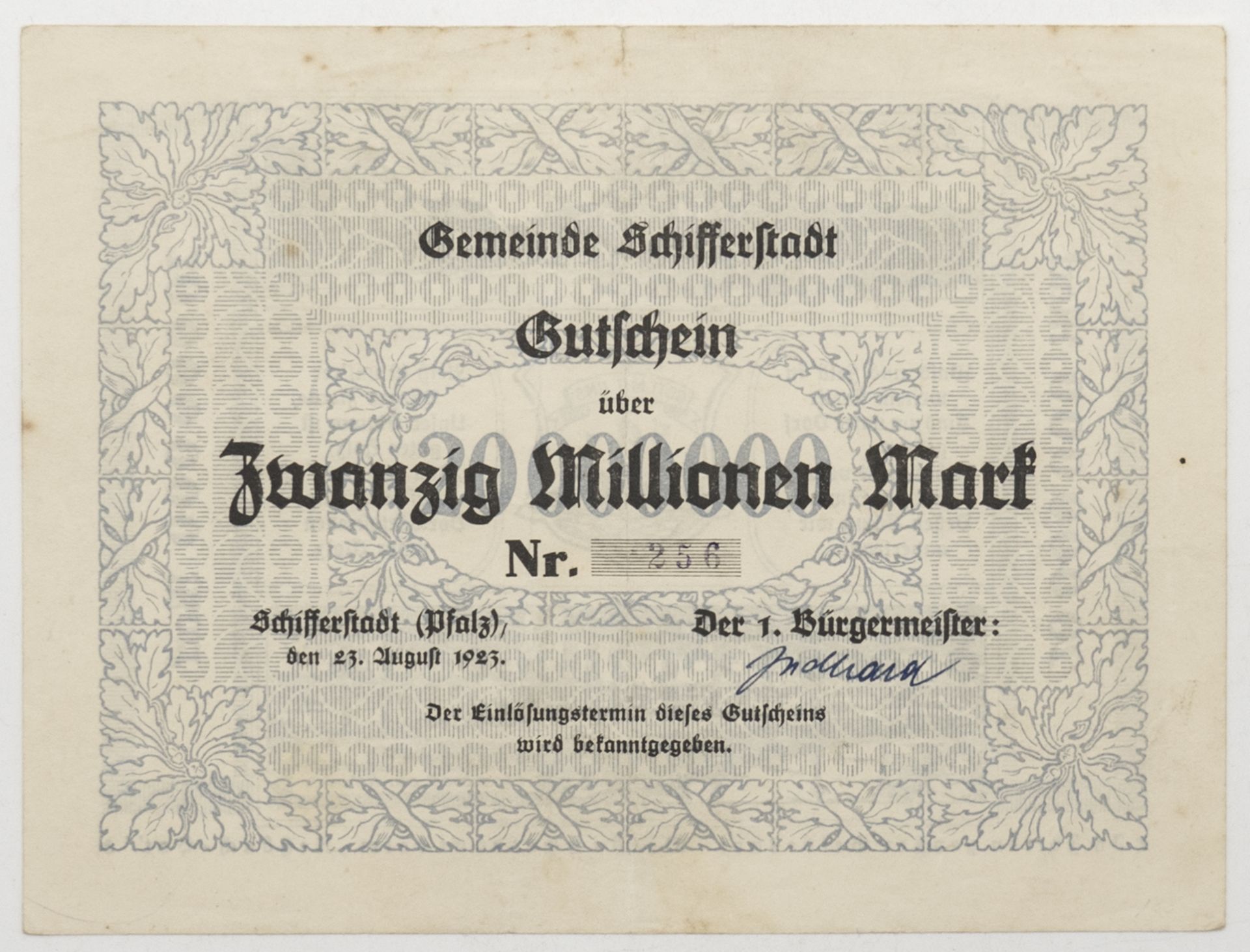 Gemeinde Schifferstadt 1923, Gutschein über 20 Millionen Mark. Nr. 256. 23. August 1923.