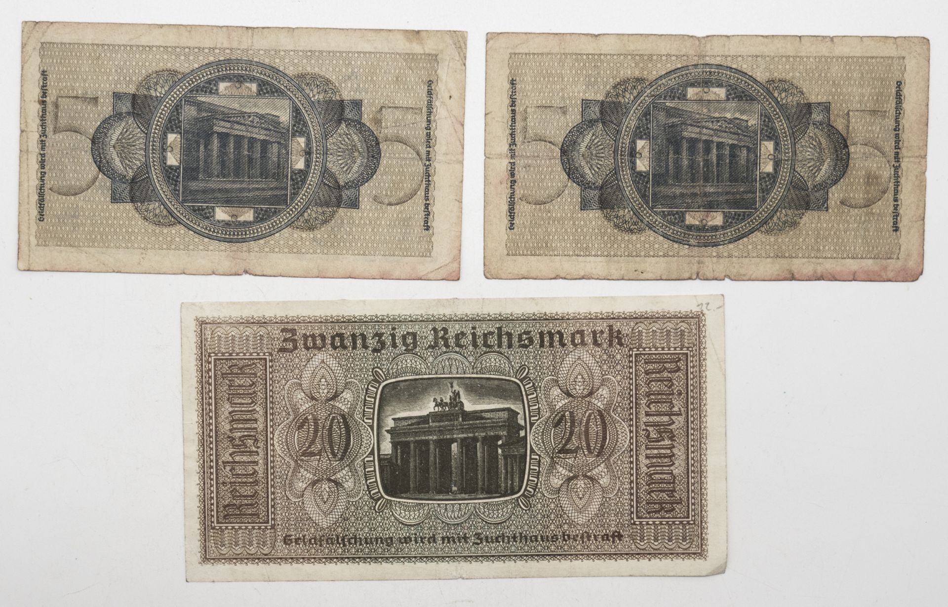Drittes Reich, 2 x 5.- Reichsmark und 1 x 20 Reichsmark der Reichskreditkassen. Erhaltung: ss. - Bild 2 aus 2