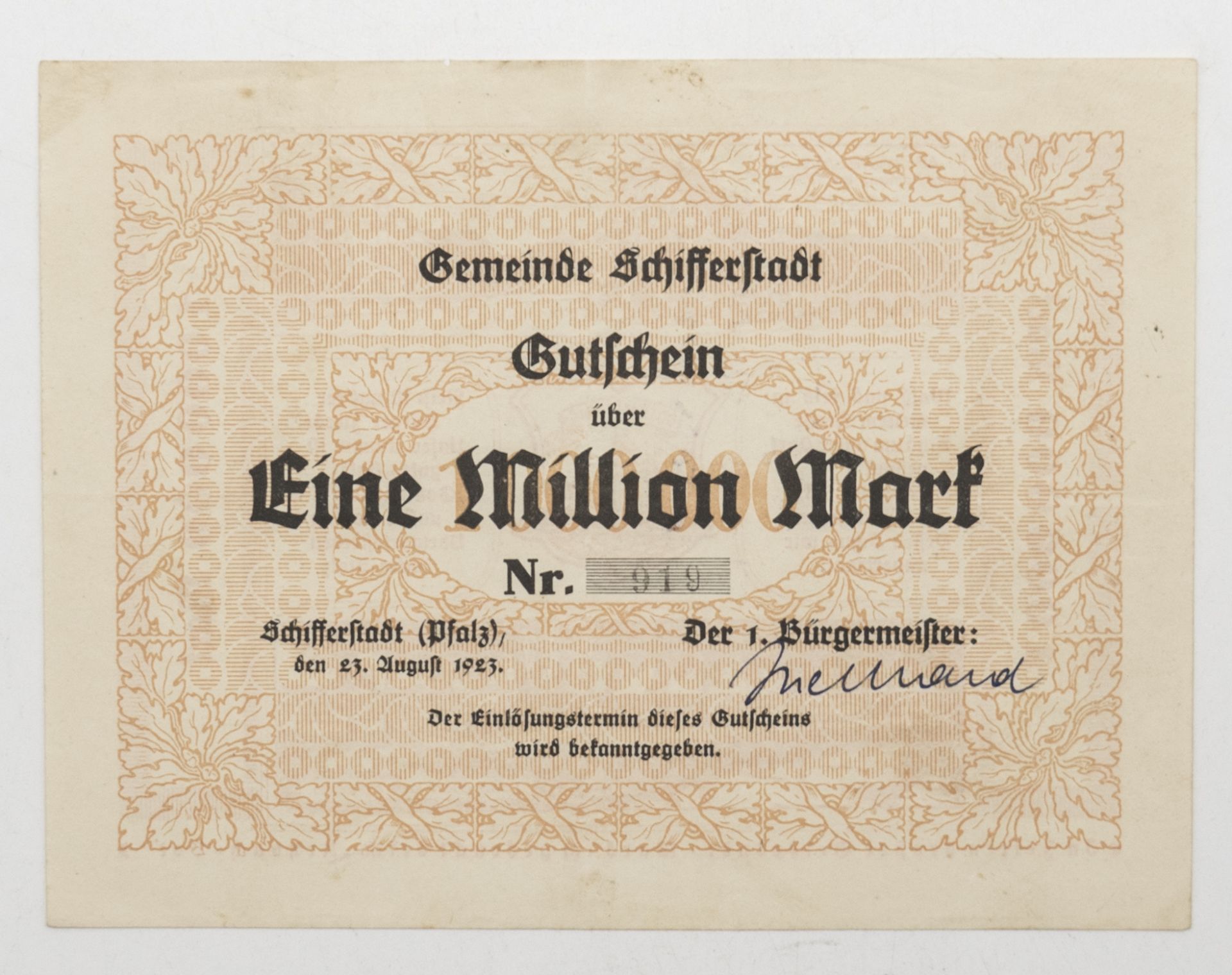 Gemeinde Schifferstadt 1923, Gutschein über 1 Millionen Mark. Nr. 919. 23. August 1923. Erhaltung: