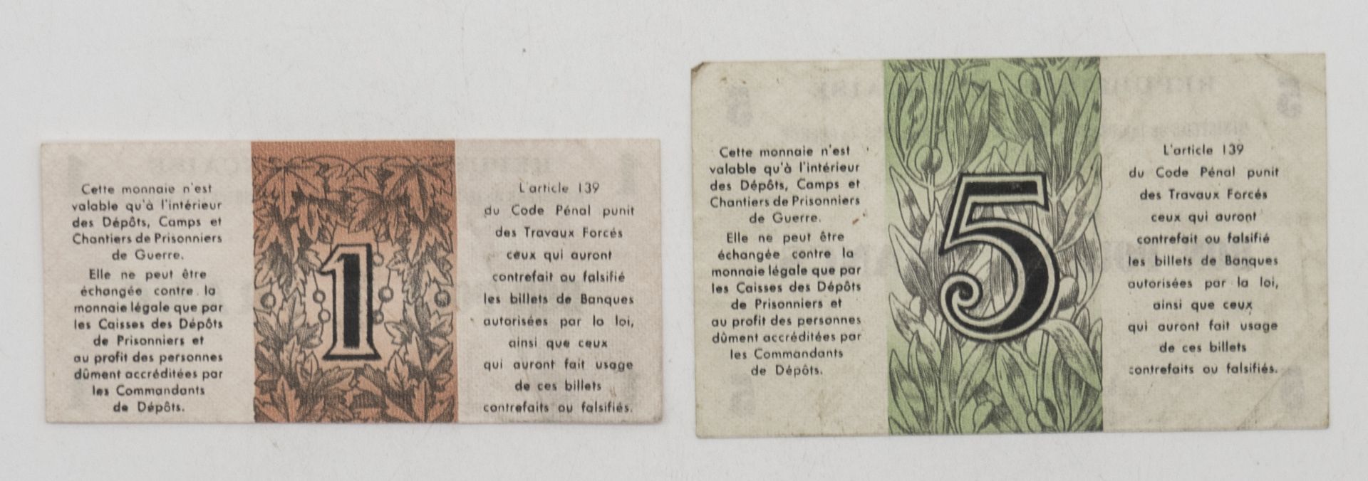 Frankreich Kriegsgefangenengeld ohne Jg.: 1 Franc und 5 Francs. Erhaltung: hervorragend. - Bild 2 aus 2