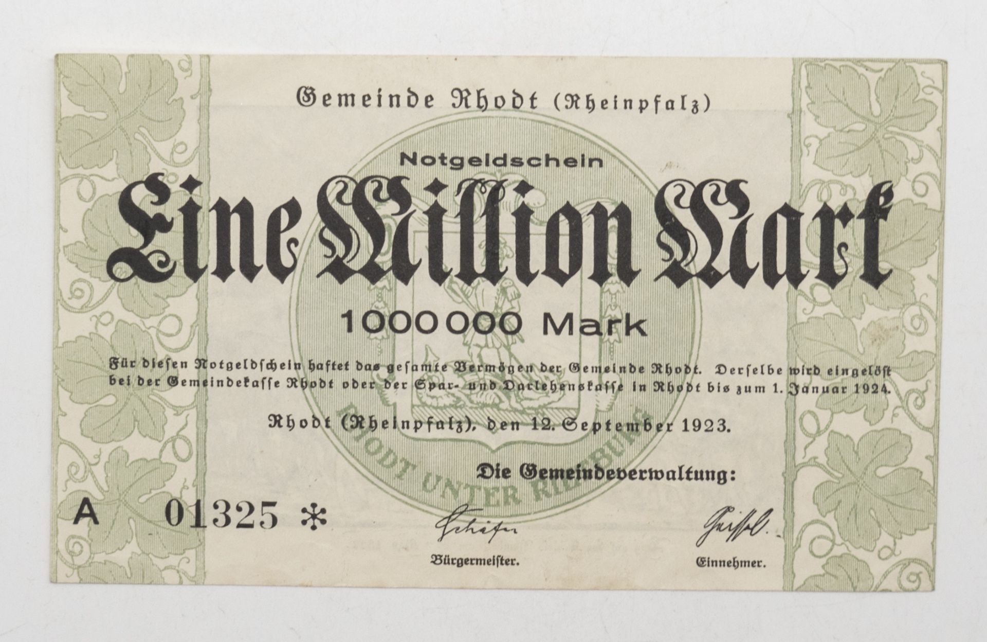 Gemeinde Rhodt (Rheinpfalz) 1923, 1 Millionen Mark - Banknote. 12. September 1923. Erhaltung: vz.