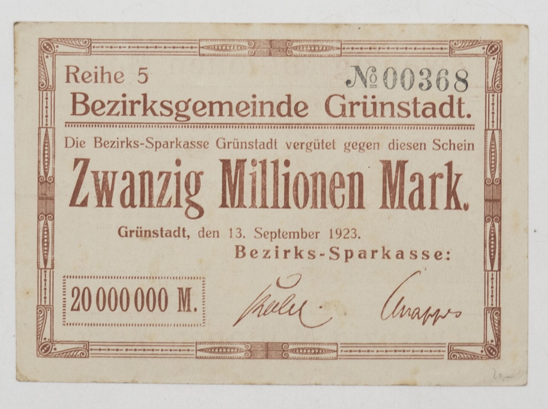 Bezirksgemeinde Grünstadt 1923, 20 Millionen Mark. Reihe 5. 13. September 1923. Erhaltung: vz.