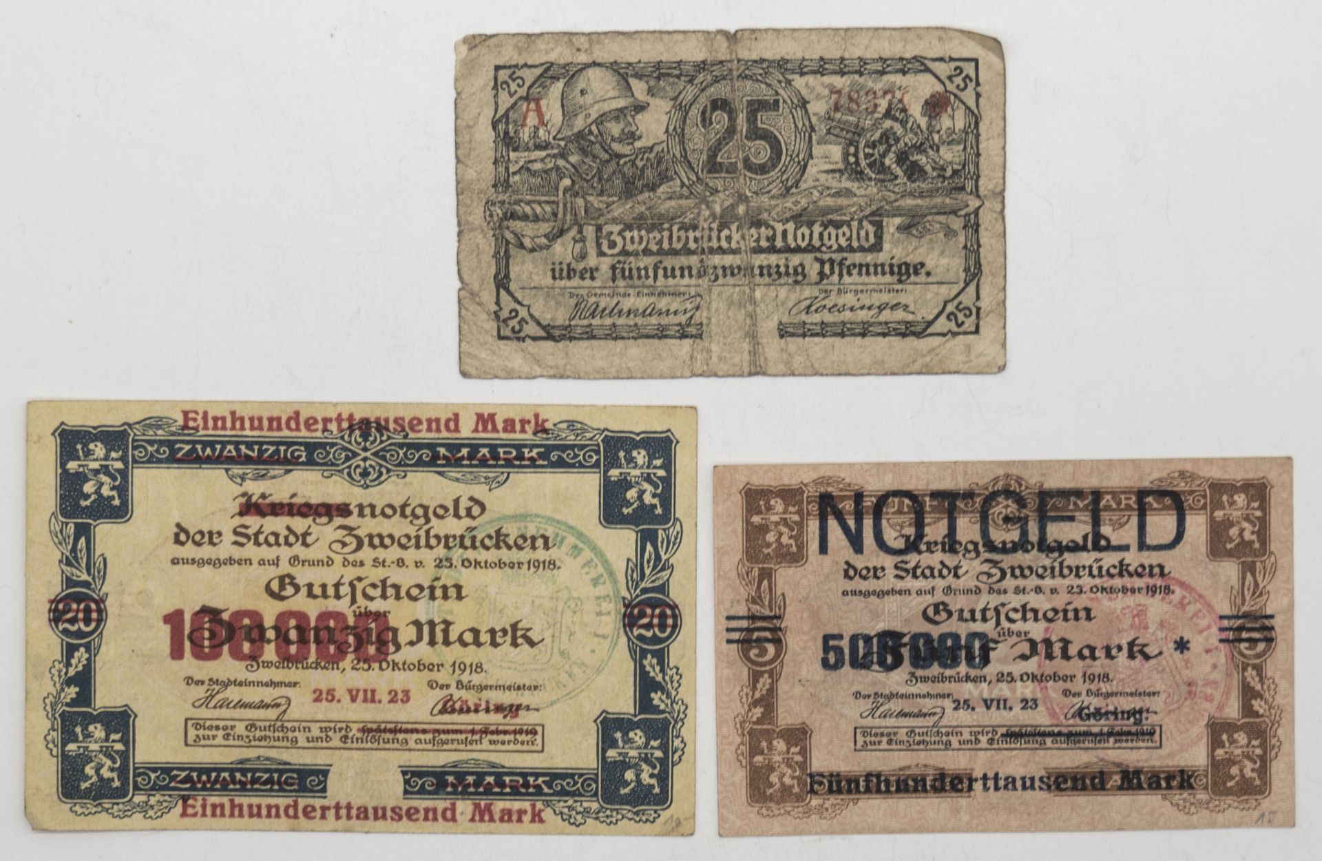 Notgeld / Kriegsnotgeld der Stadt Zweibrücken 1918/19. Teilweise überdruckt. Erhaltung: ss - s.
