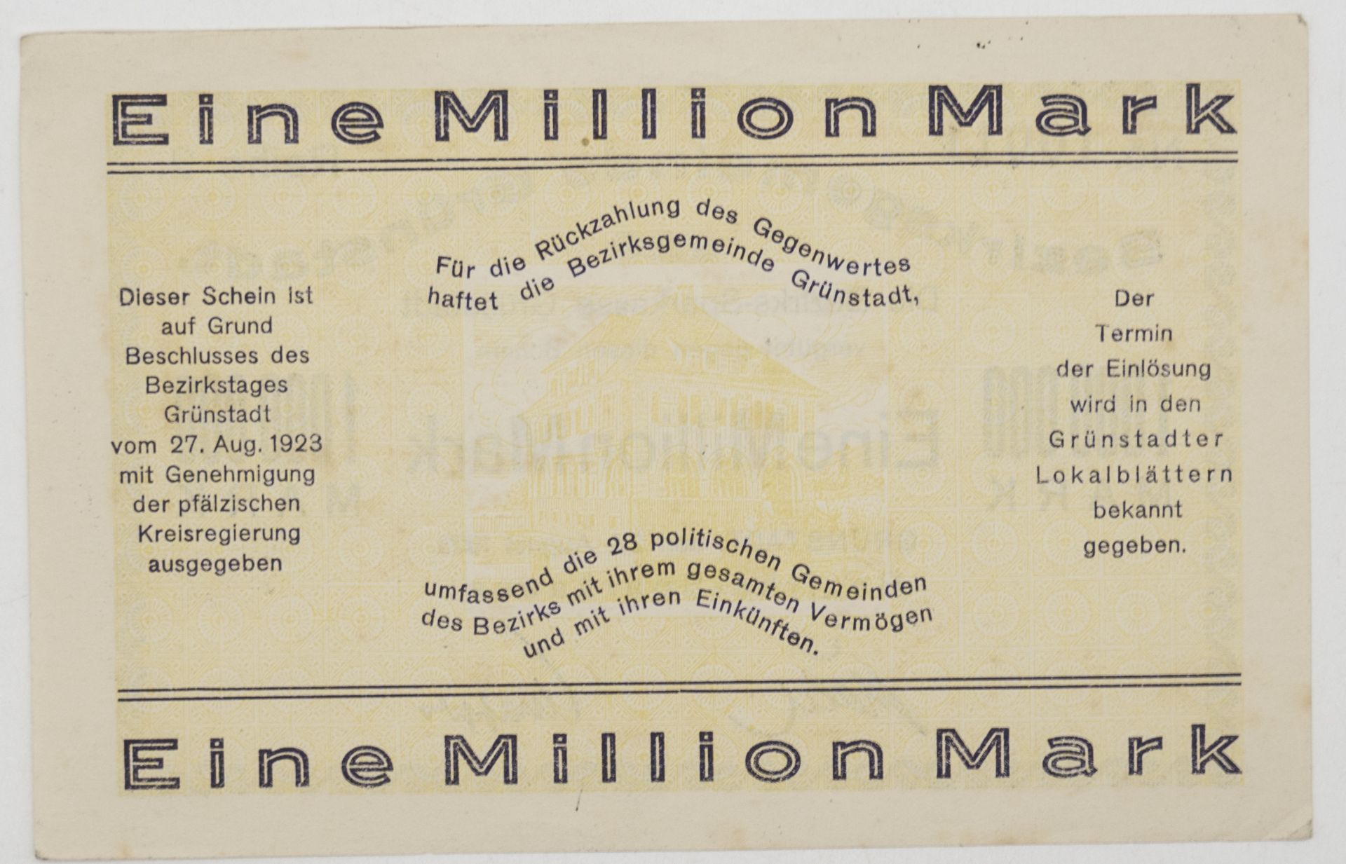 Bezirksgemeinde Grünstadt 1923, 1 Millionen Mark. Reihe 2. 27. August 1923. Erhaltung: vz. - Bild 2 aus 2