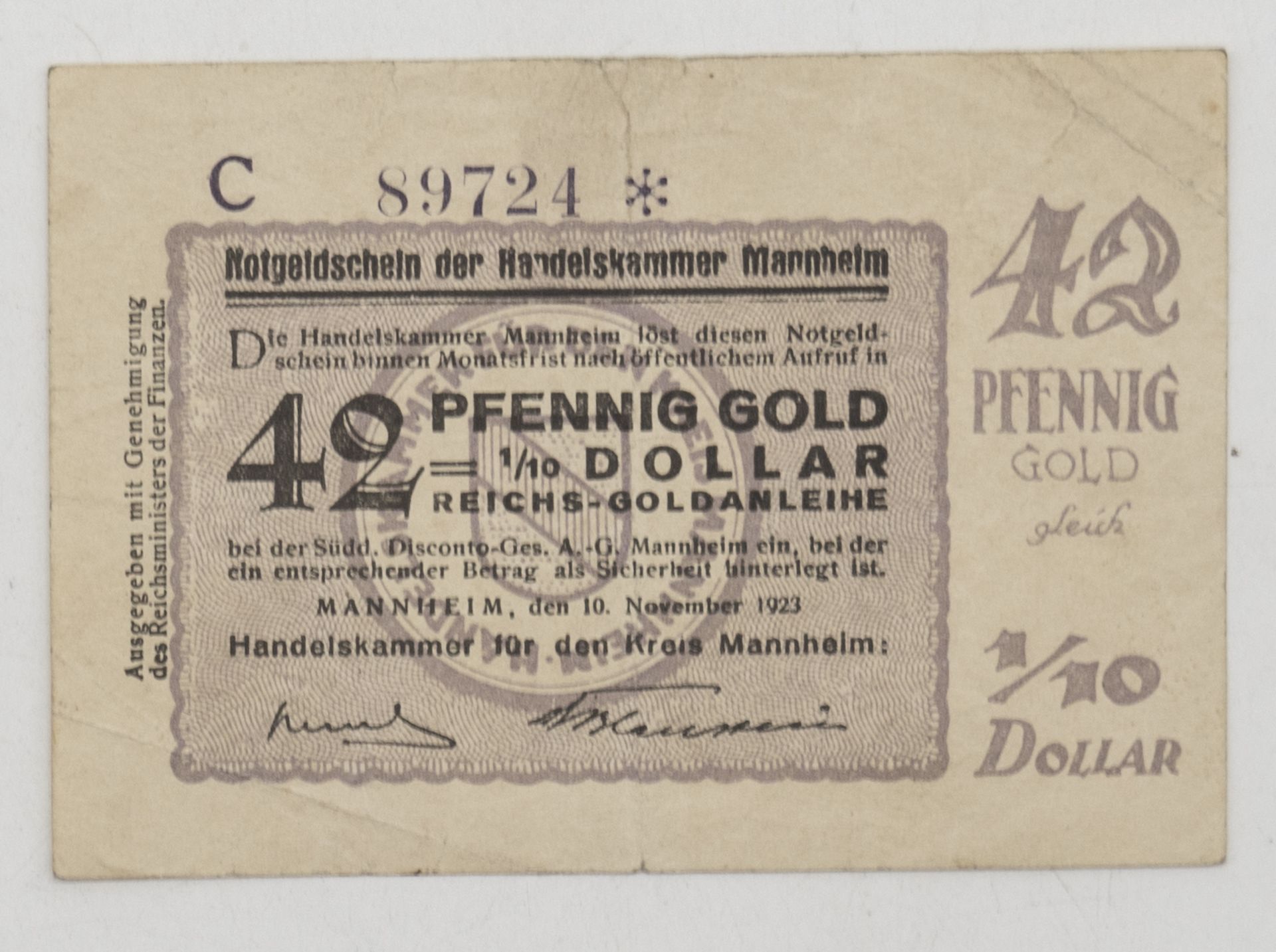 Notgeld der Handelskammer Mannheim, 10. November 1923, 42 Pfennig Gold = 1/10 Dollar. Erhaltung: