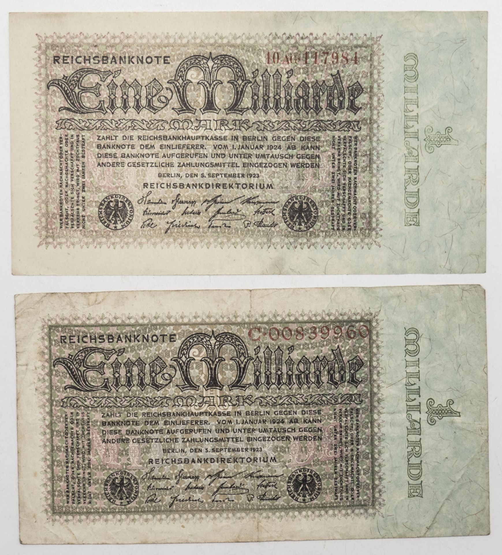 Deutsches Reich 1923, 2 x1 Milliarden Mark - Banknoten. Erhaltung: vz-ss.
