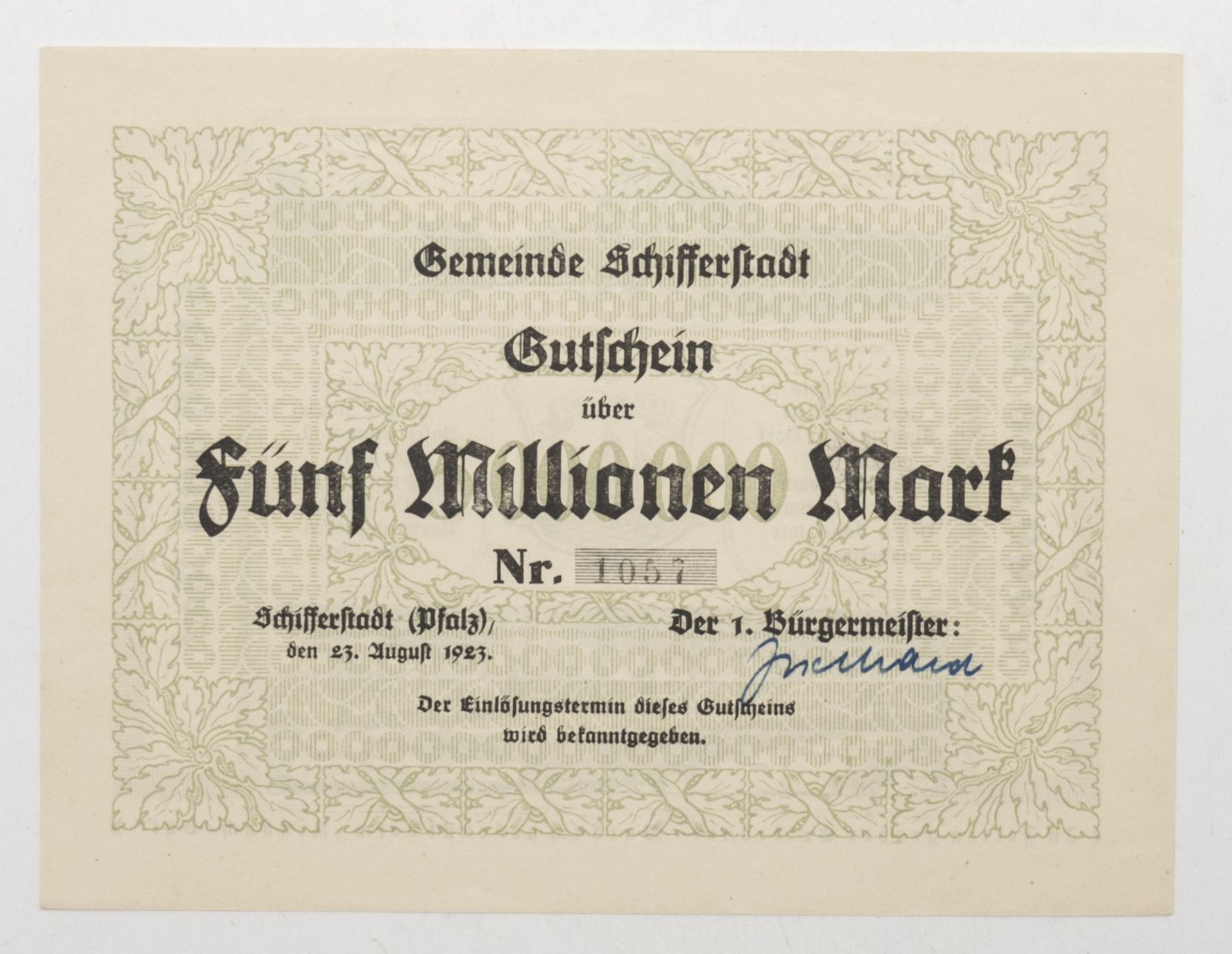 Gemeinde Schifferstadt 1923, Gutschein über 5 Millionen Mark. Nr. 1057. 23. August 1923.
