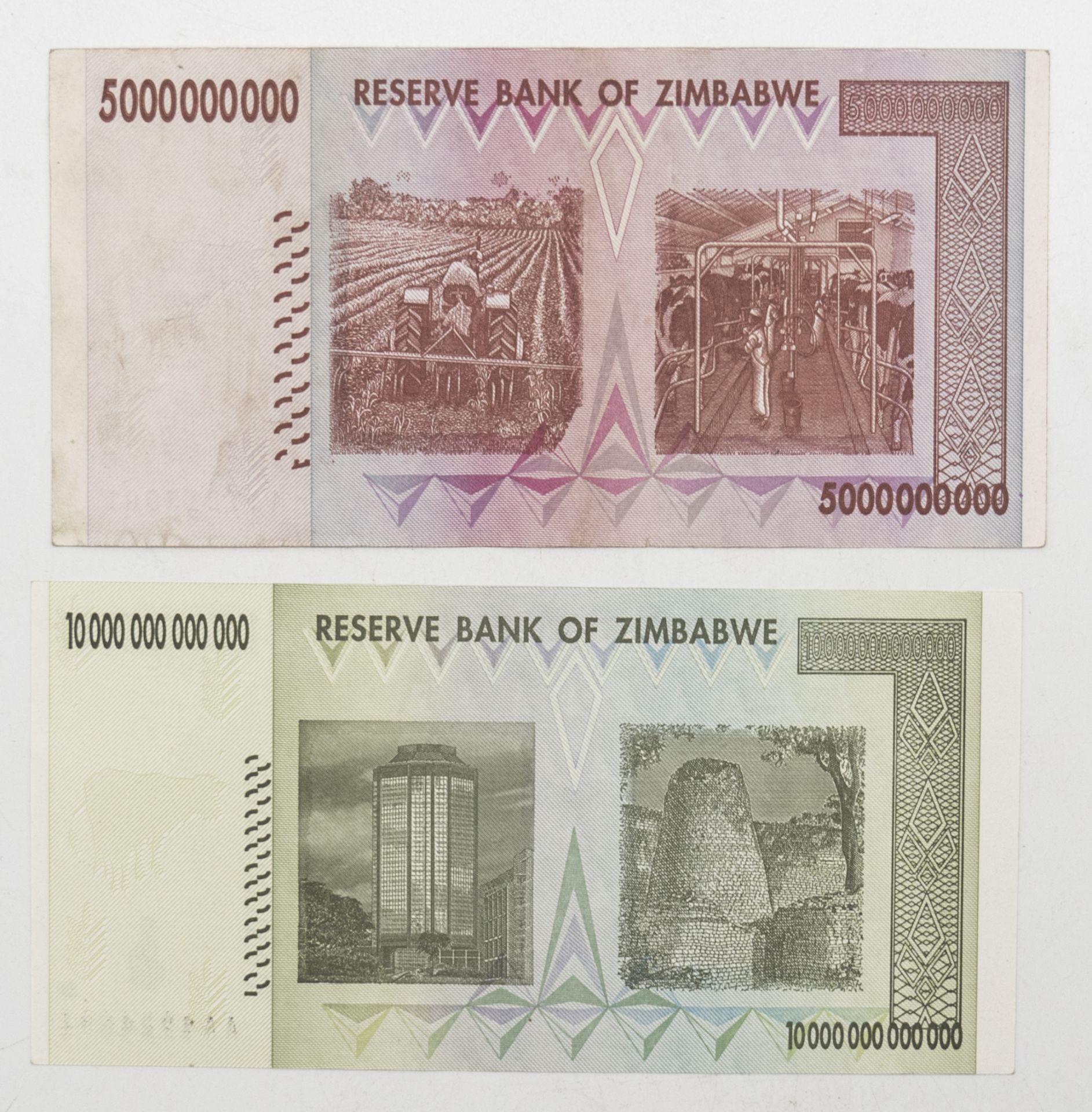 Simbabwe, zwei Banknoten: 5 Billion- und 10 Trillion Dollars. Erhaltung: Unc. - Bild 2 aus 2