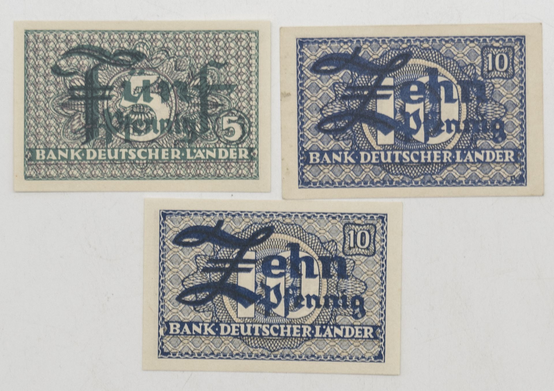 Bank deutscher Länder, 1 x 5 Pfennig und 2 x 10 Pfennig - Scheine. Erhaltung: Kassenfrisch.