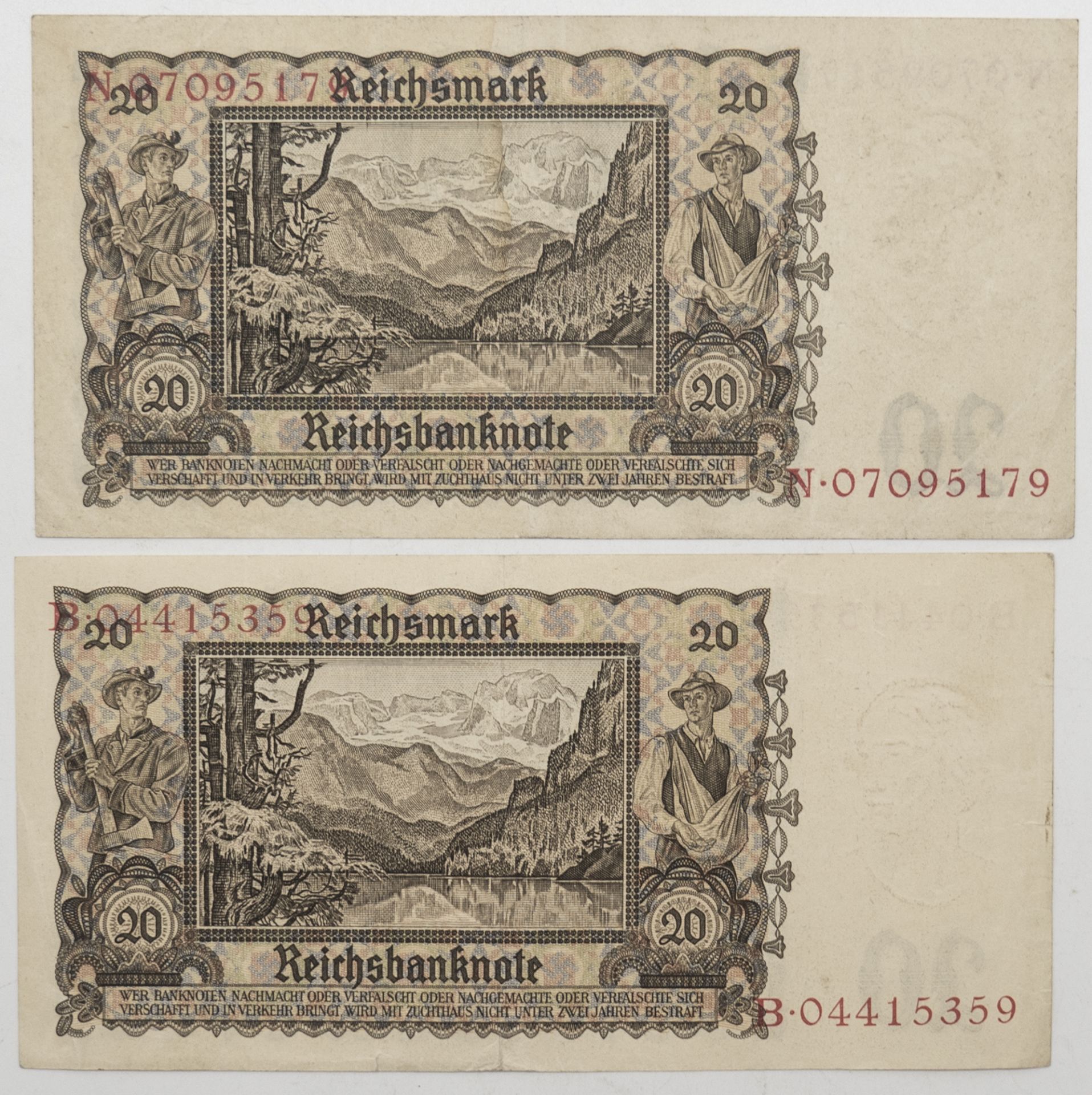 Drittes Reich 1942, zwei 20.- Reichsmark - Banknoten. Erhaltung: vz. - Bild 2 aus 2