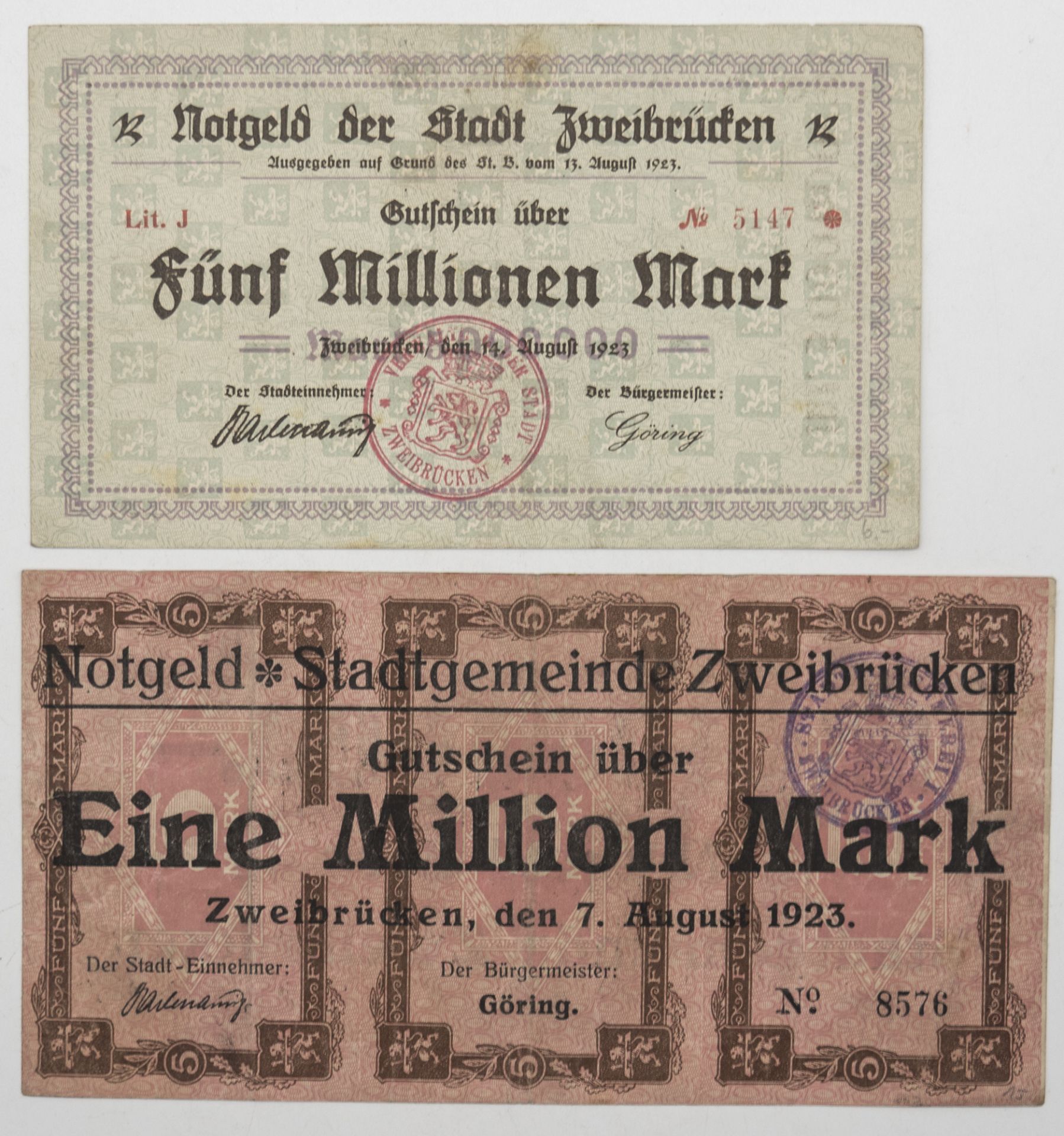 Notgeld der Stadt / Stadtgemeinde Zweibrücken 14. + 7. August 1923. 1 x 5 Millionen Mark und 1x 1