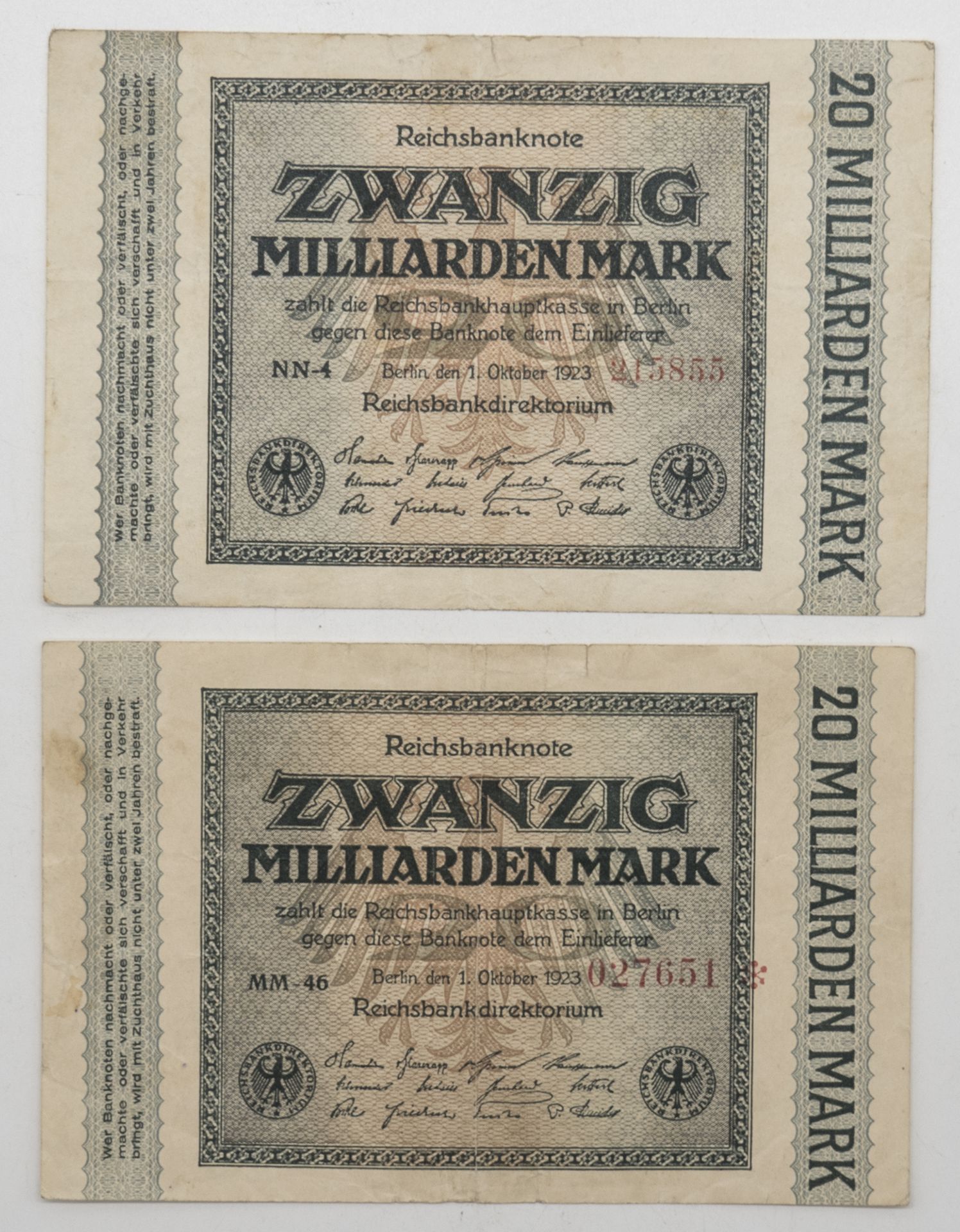 Deutsches Reich 1923, 2 x 20 Milliarden Mark - Banknoten. Erhaltung: ss.