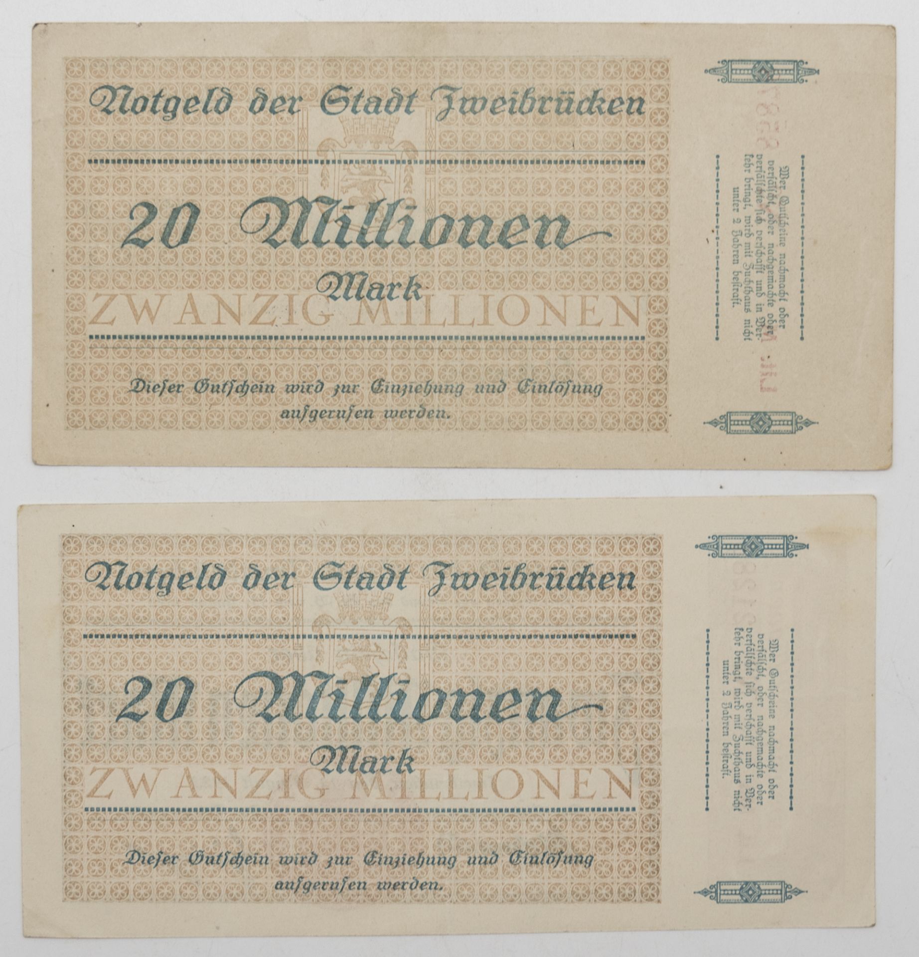 Notgeld der Stadt Zweibrücken 14. August 1923. 2 x 20 Millionen Mark. Erhaltung: hervorragend. - Bild 2 aus 2