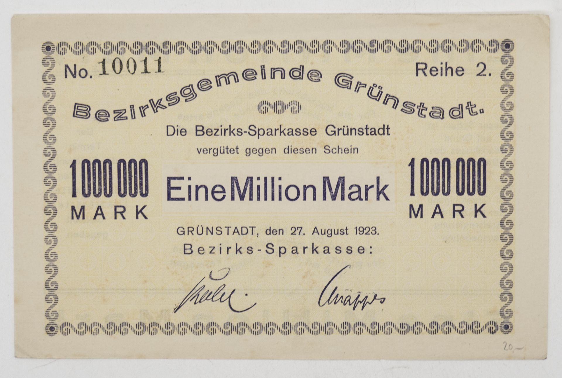 Bezirksgemeinde Grünstadt 1923, 1 Millionen Mark. Reihe 2. 27. August 1923. Erhaltung: vz.