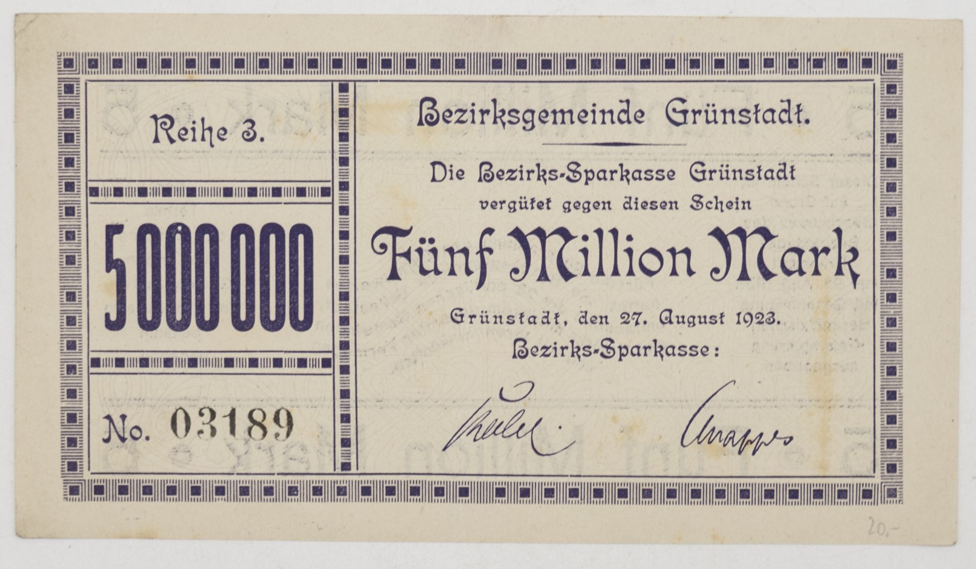 Bezirksgemeinde Grünstadt 1923, 5 Millionen Mark. Reihe 3. 27. August 1923. Erhaltung: vz.