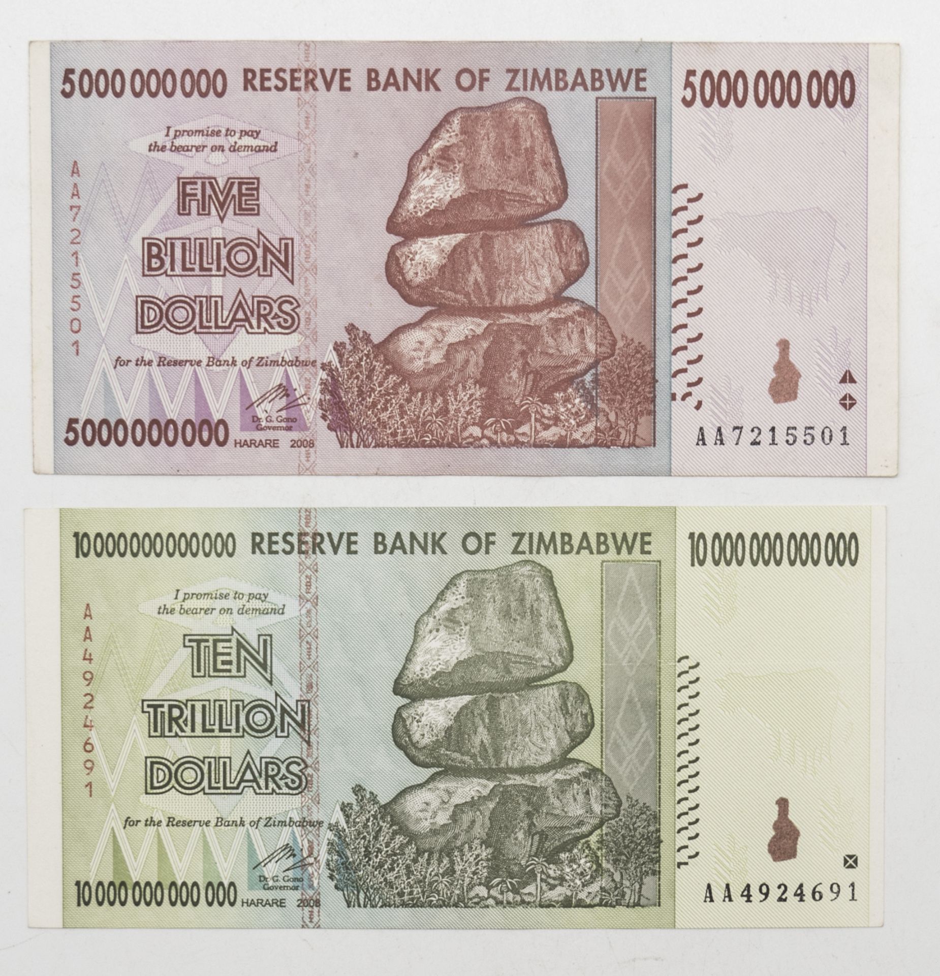 Simbabwe, zwei Banknoten: 5 Billion- und 10 Trillion Dollars. Erhaltung: Unc.