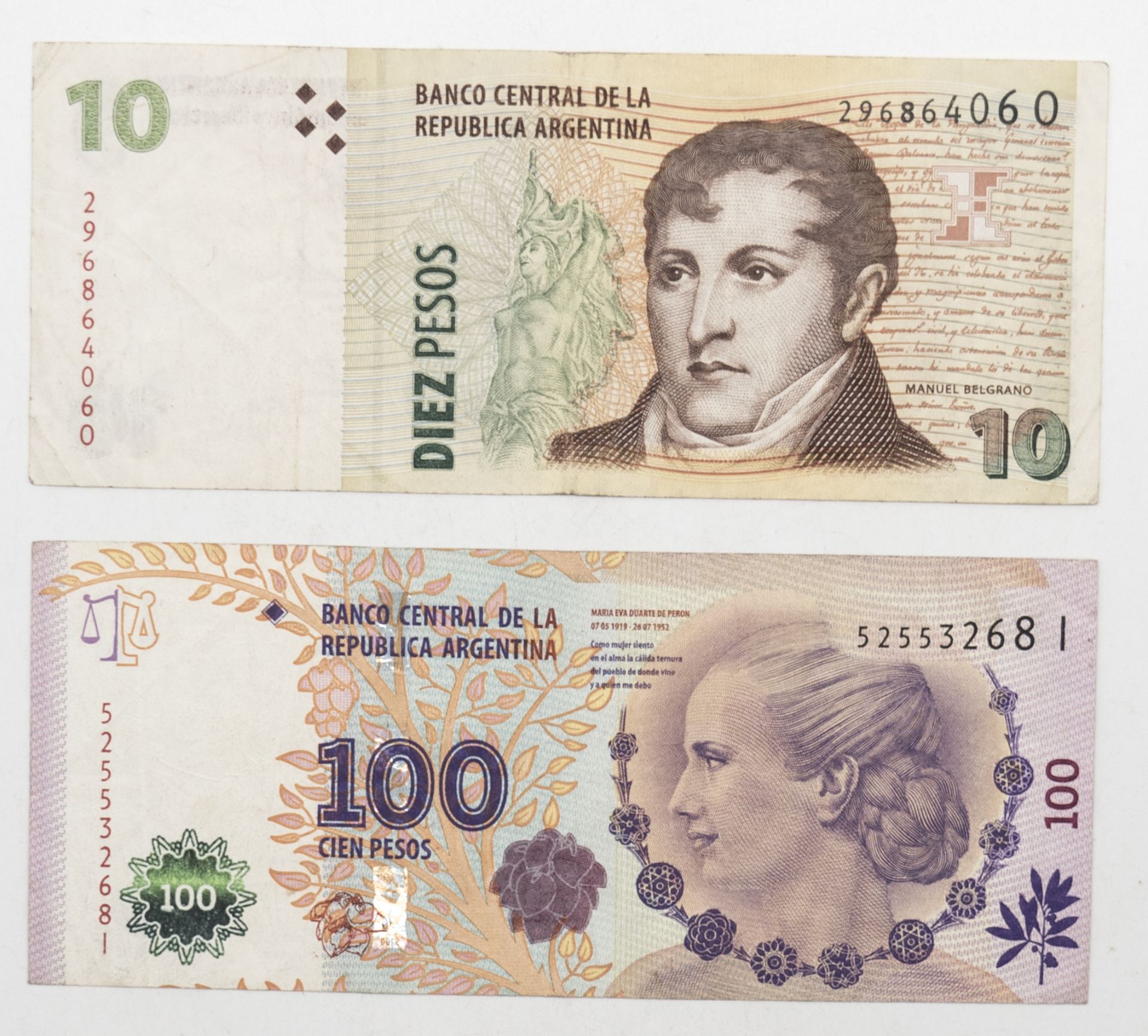 Argentinien, 10.- und 100.- Pesos - Banknoten. Erhaltung: ss.