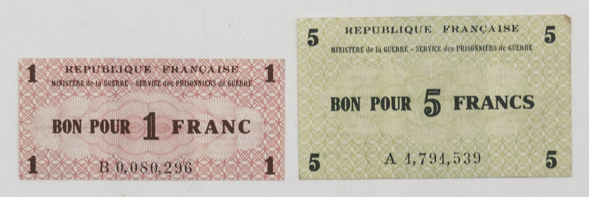 Frankreich Kriegsgefangenengeld ohne Jg.: 1 Franc und 5 Francs. Erhaltung: hervorragend.