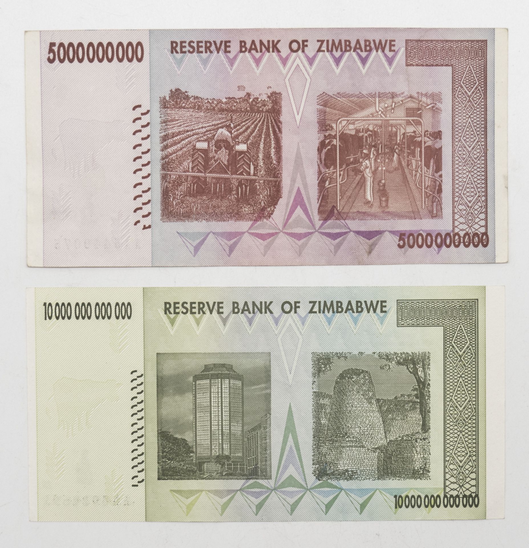Simbabwe, zwei Banknoten: 5 Billion- und 10 Trillion Dollars. Erhaltung: Unc. - Bild 2 aus 2