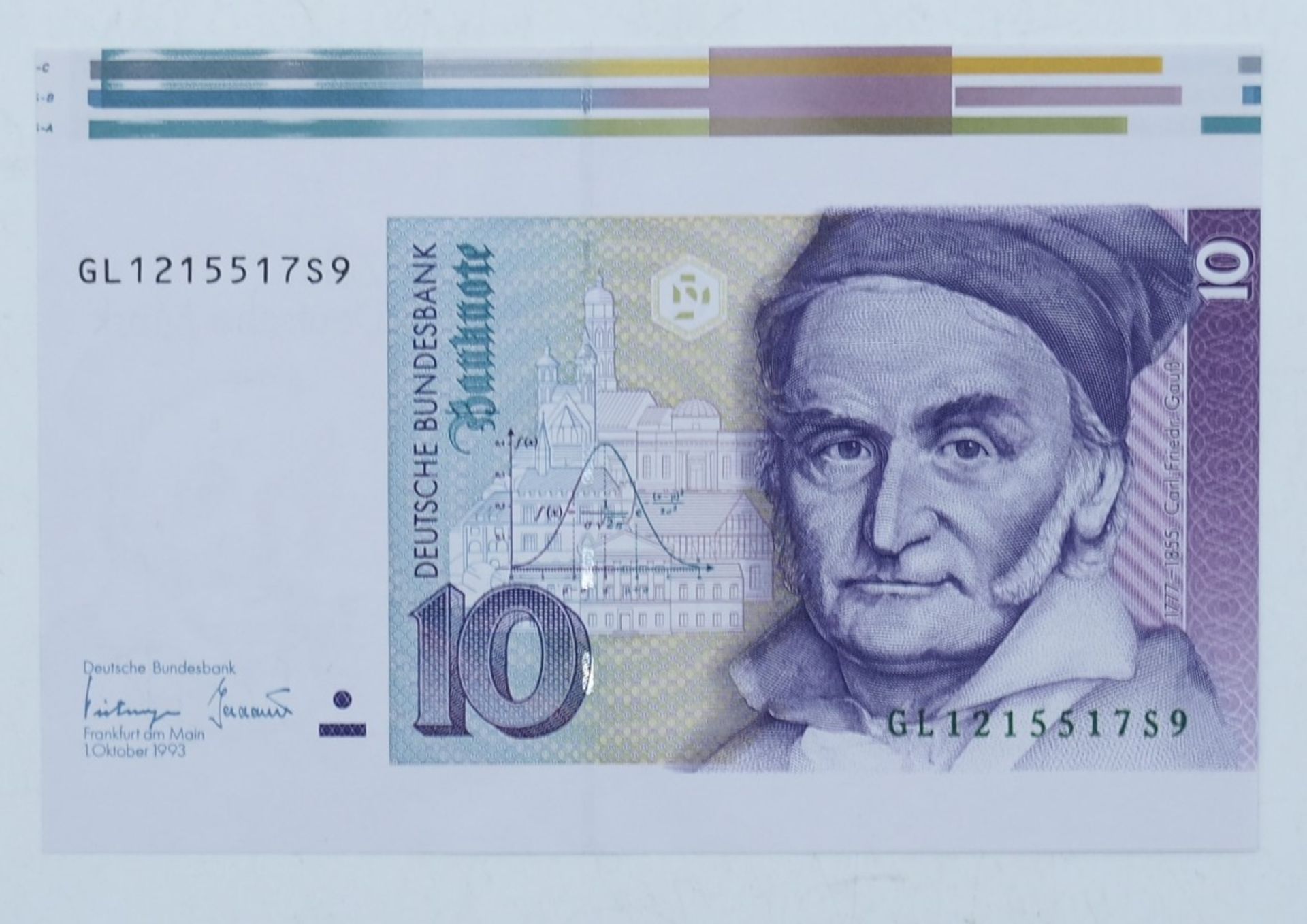 BRD 1993, 10 Deutsche Mark - Banknote, Fehlschnitt aus Druckbogen mit Farbskala. Erhaltung: