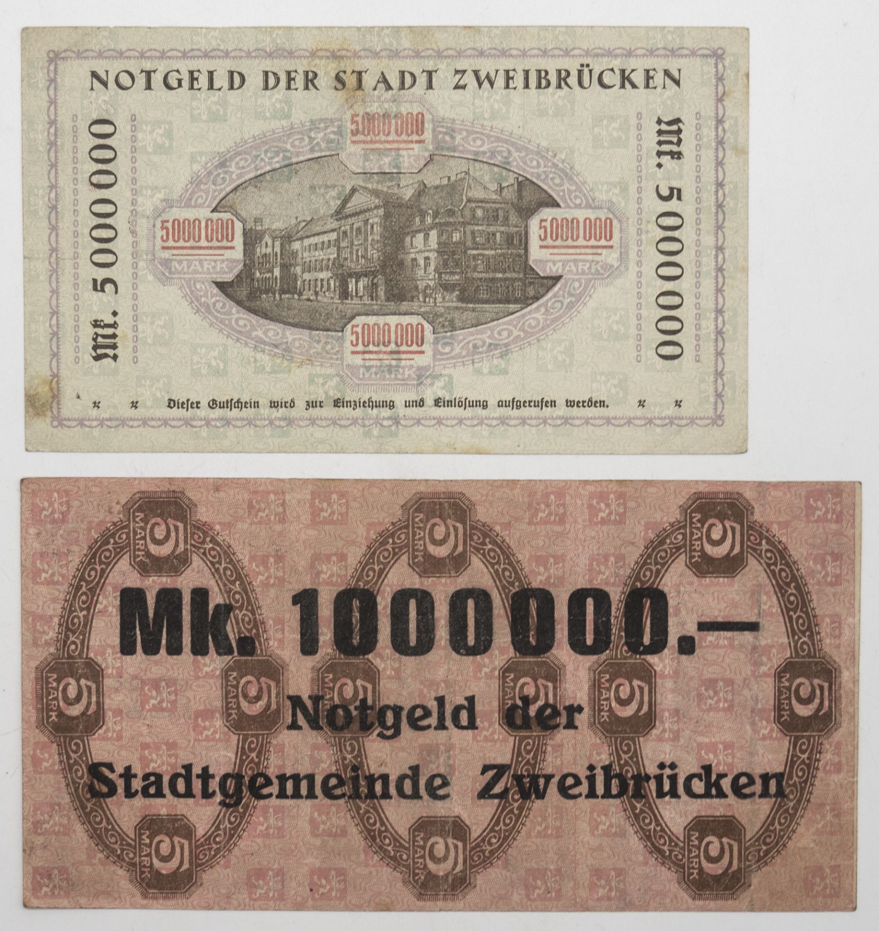 Notgeld der Stadt / Stadtgemeinde Zweibrücken 14. + 7. August 1923. 1 x 5 Millionen Mark und 1x 1 - Bild 2 aus 2
