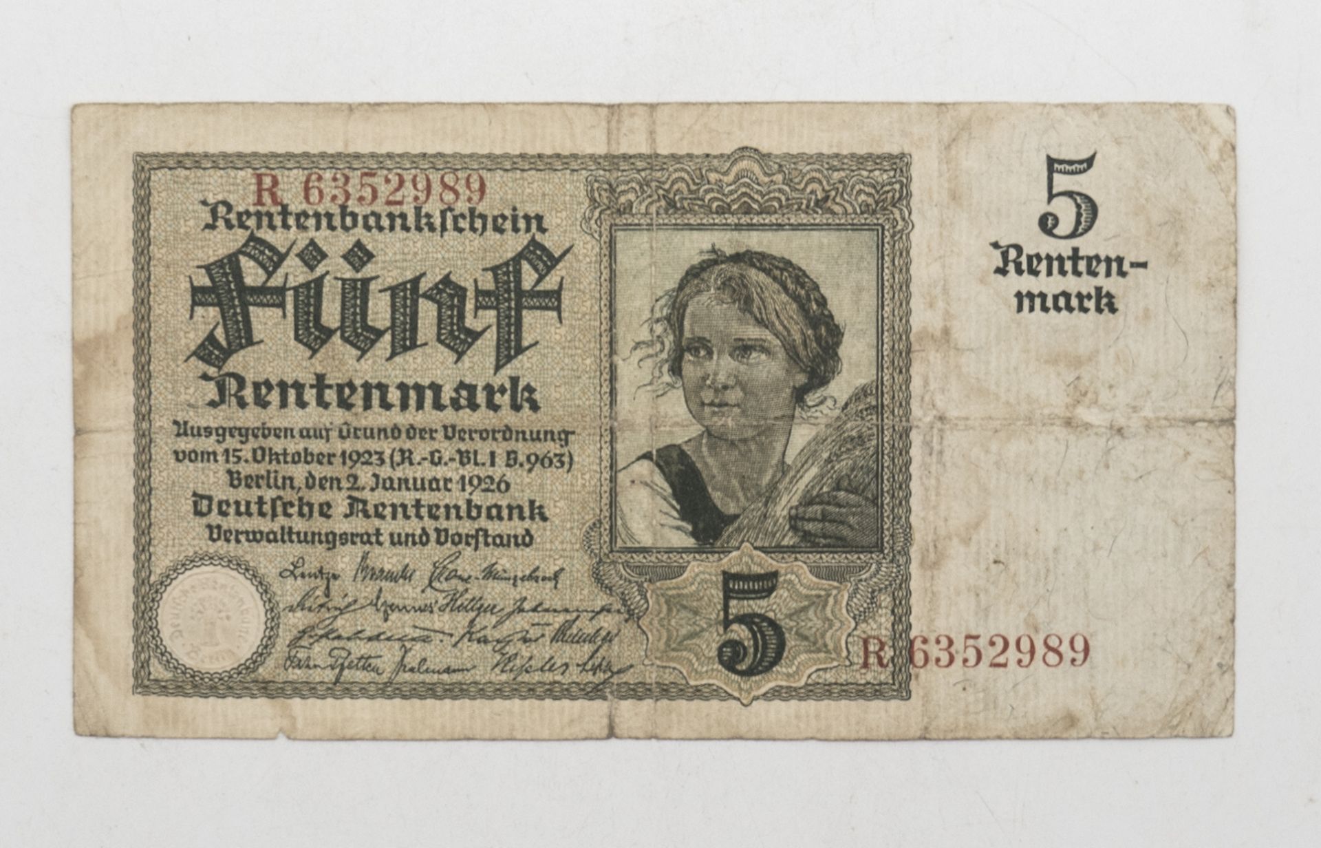Deutsches Reich 1926, 5 Rentenmark - Banknote. Erhaltung: s.