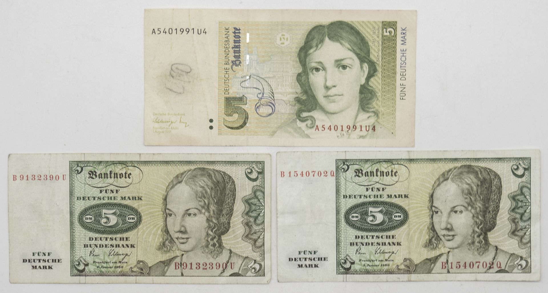 BRD 1980/91, 3 x 5 DM - Banknoten. 1980 Serie B, 1991 Serie A. Erhaltung: s - ss.